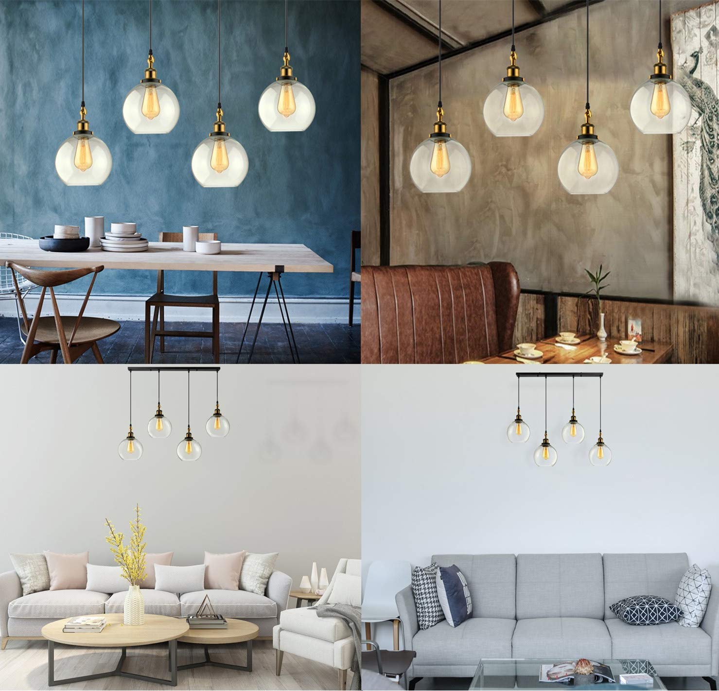 XINDAR 4-Light Industrial Linear Chandelier - Clear Glass Hanging Pendant Lighting for Kitchen Island with Antique Brass & Black Finish - Perfect for Modern Farmhouse, Industrial & Contemporary Dining Rooms
