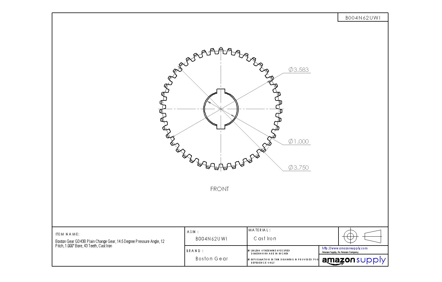 GD43B Plain Change Gear - 14.5° Pressure Angle, 12 Pitch, 1