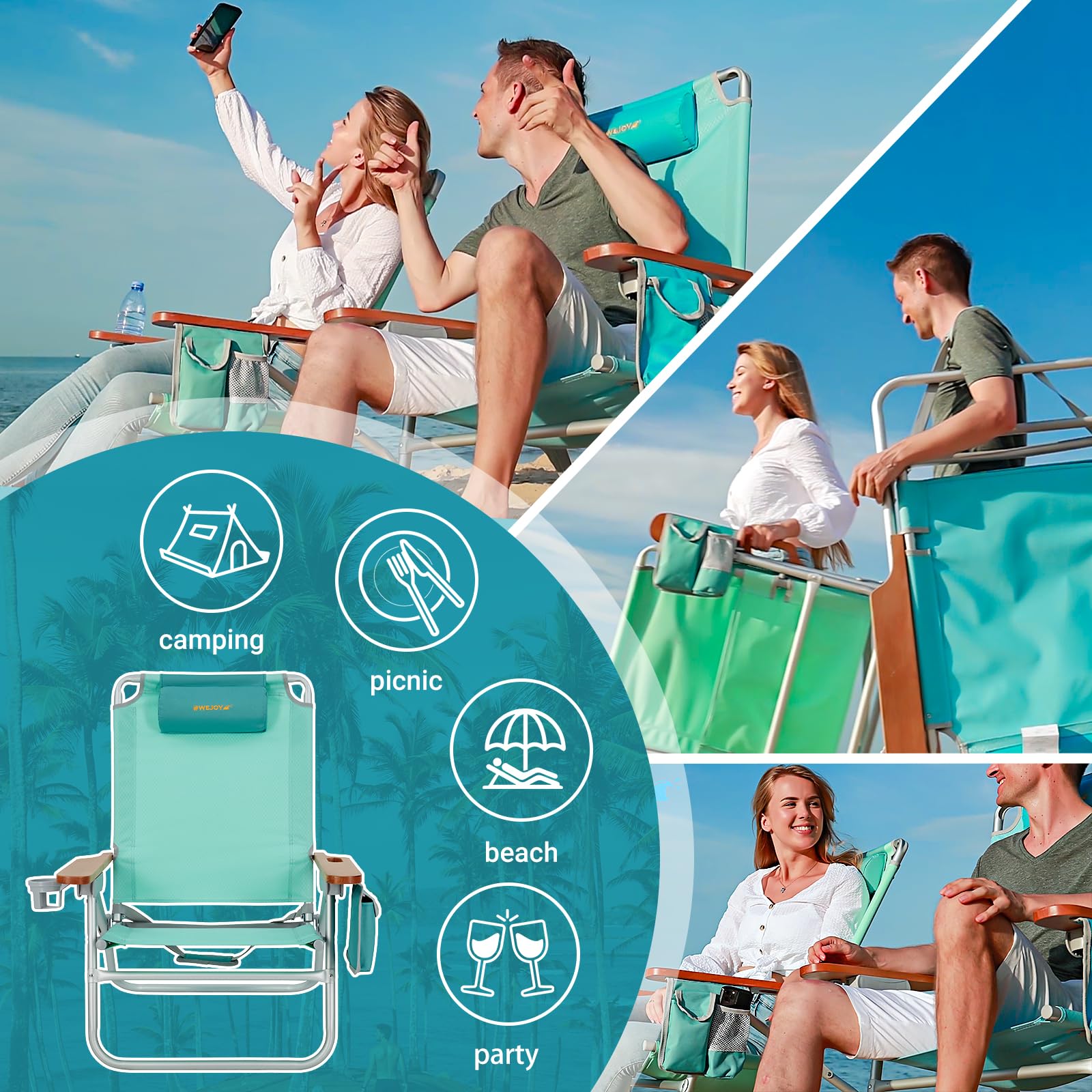 WEJOY 4-Position Folding Beach Chair for Adults - Lightweight Aluminum Frame with Headrest, Wooden Armrests & Cup Holder - Supports 300LBS - Perfect for Beach, Camping, Picnic, BBQ & Backyard Relaxation