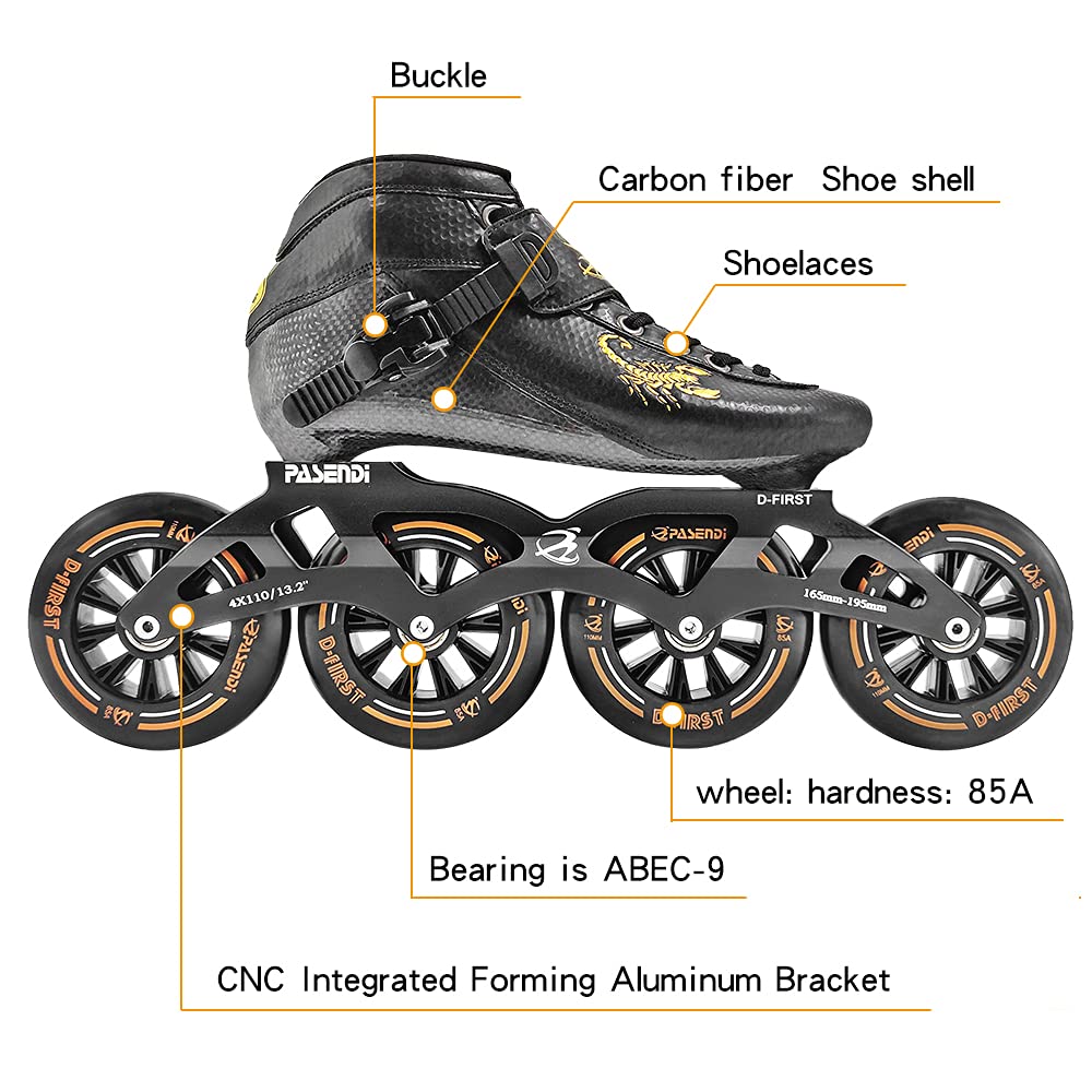 Professional Carbon Fiber Speed Skates for Adults - Men's & Women's 4-Wheel Inline Skates | High-Performance Single Row Racing Rollerblades (Black) | Perfect for Speed Skating, Fitness Training & Outdoor Sports