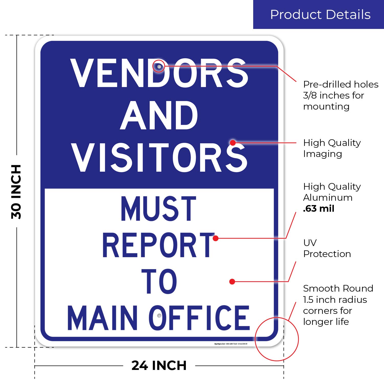 Vendors & Visitors Report to Main Office Sign - 24x30 Inches Rust-Free .063 Aluminum - Fade Resistant Office Sign for Indoor/Outdoor Use - Easy Mounting Business Signage - Made in USA - Perfect for Offices, Warehouses, Schools & Public Buildings