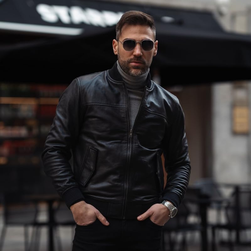 Men's Black Leather Varsity Bomber Jacket - Classic Biker Style Motorcycle Jacket for Casual Wear & Night Out | Perfect for Fall & Winter Fashion
