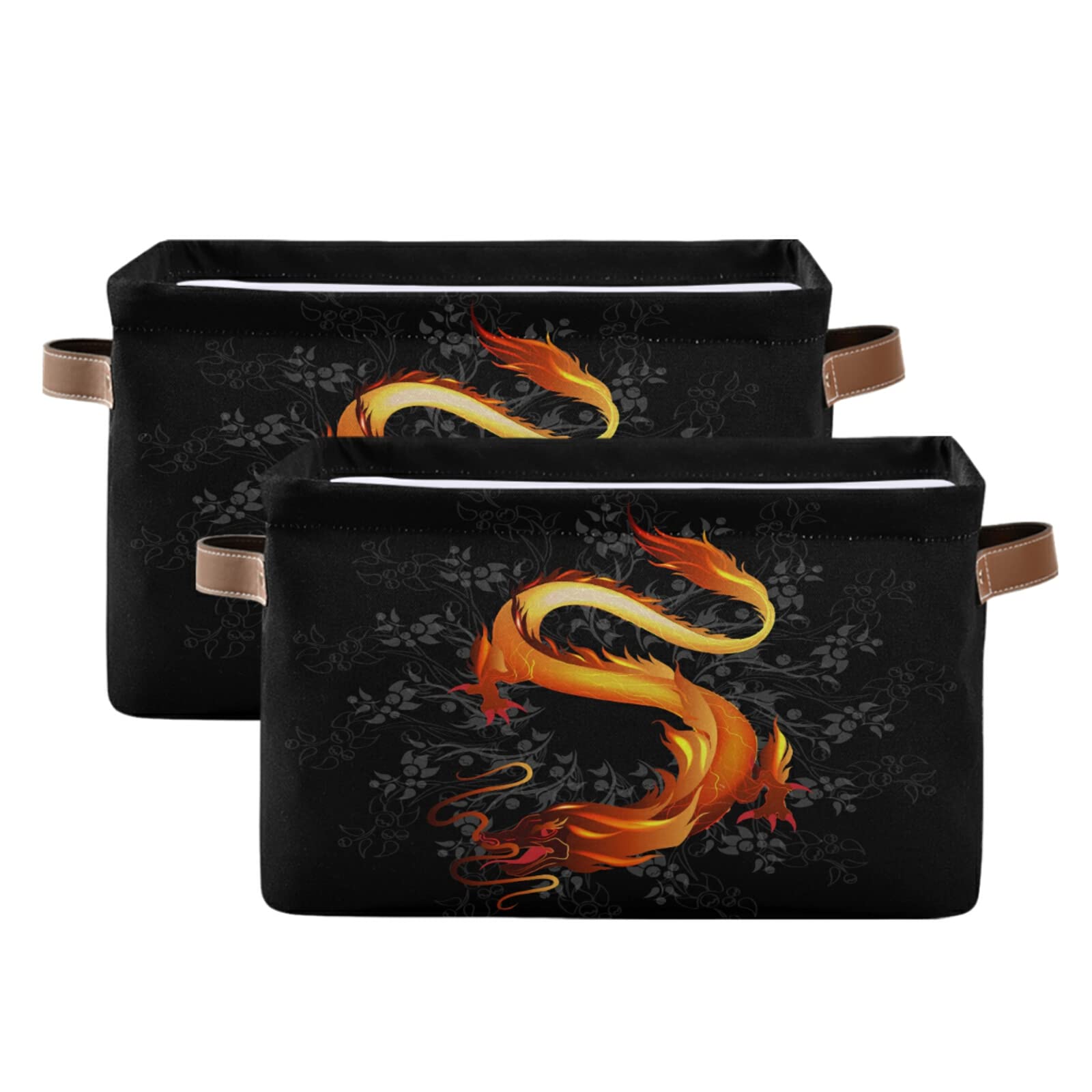 Asian Chinese Dragon Storage Baskets - Oriental Decorative Collapsible Storage Bins with Handles, 2-Pack for Nursery, Closet, Office, Home & Bedroom Organization | Perfect for Home Decor, Gift Giving & Space Saving Storage Solutions