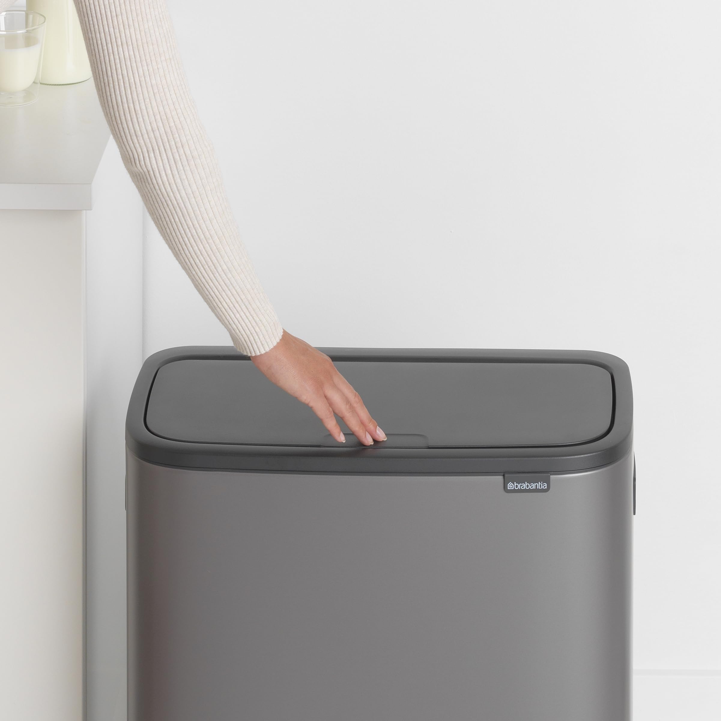 Brabantia Bo Touch Top 16 Gallon Kitchen Trash Can - Soft Close Lid, Removable Compartment for Recycling & Garbage, Platinum Finish | Perfect for Modern Kitchens, Offices & Eco-Friendly Homes