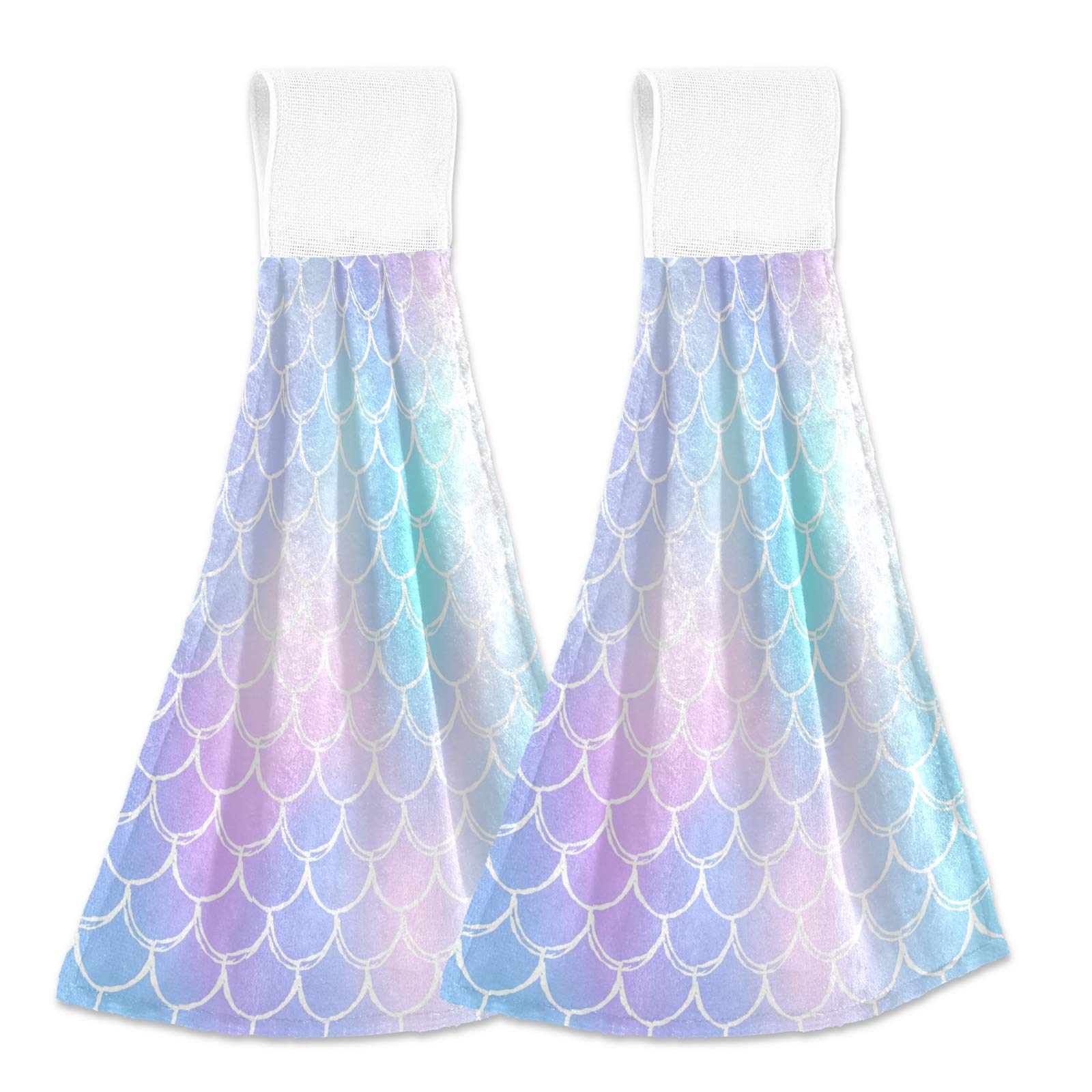 Boccsty Colorful Mermaid Scale Hanging Kitchen Towels 2-Pack - Magic Fish Scale Design Hand & Bath Towels for Kitchen, Bathroom, Farmhouse Decor - Perfect for Tea Bars, Tabletop & Home Decor