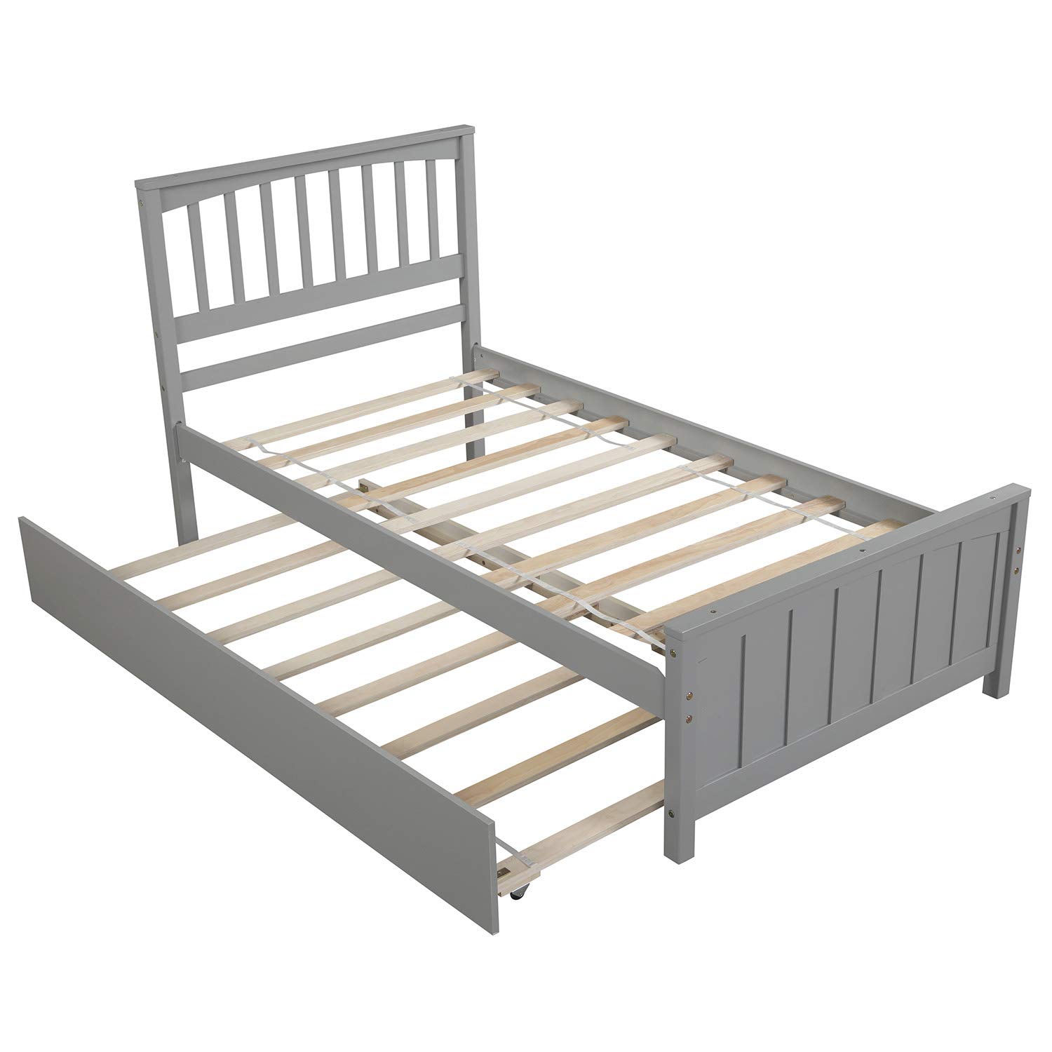 Harper & Bright Designs Twin Size Wood Platform Bed with Headboard & Trundle - Sturdy Kids Bed Frame with Slat Support, No Box Spring Needed (Gray) - Perfect for Small Bedrooms, Guest Rooms & Kids' Rooms