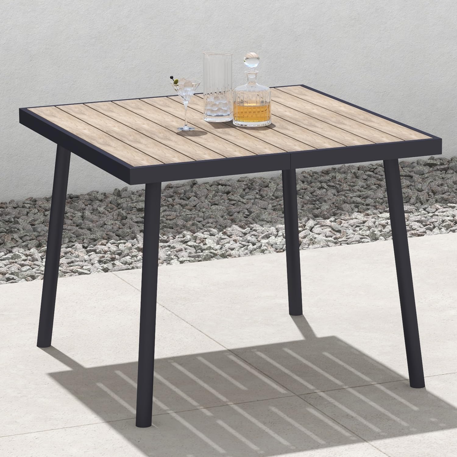 LYNSLIM 5-Piece Outdoor Dining Set - Rattan Patio Table & Chairs with Plastic-Wood Tabletop, 4 Wicker Chairs & Cushions - Perfect for Patio, Poolside, Balcony, Garden & Backyard Entertaining