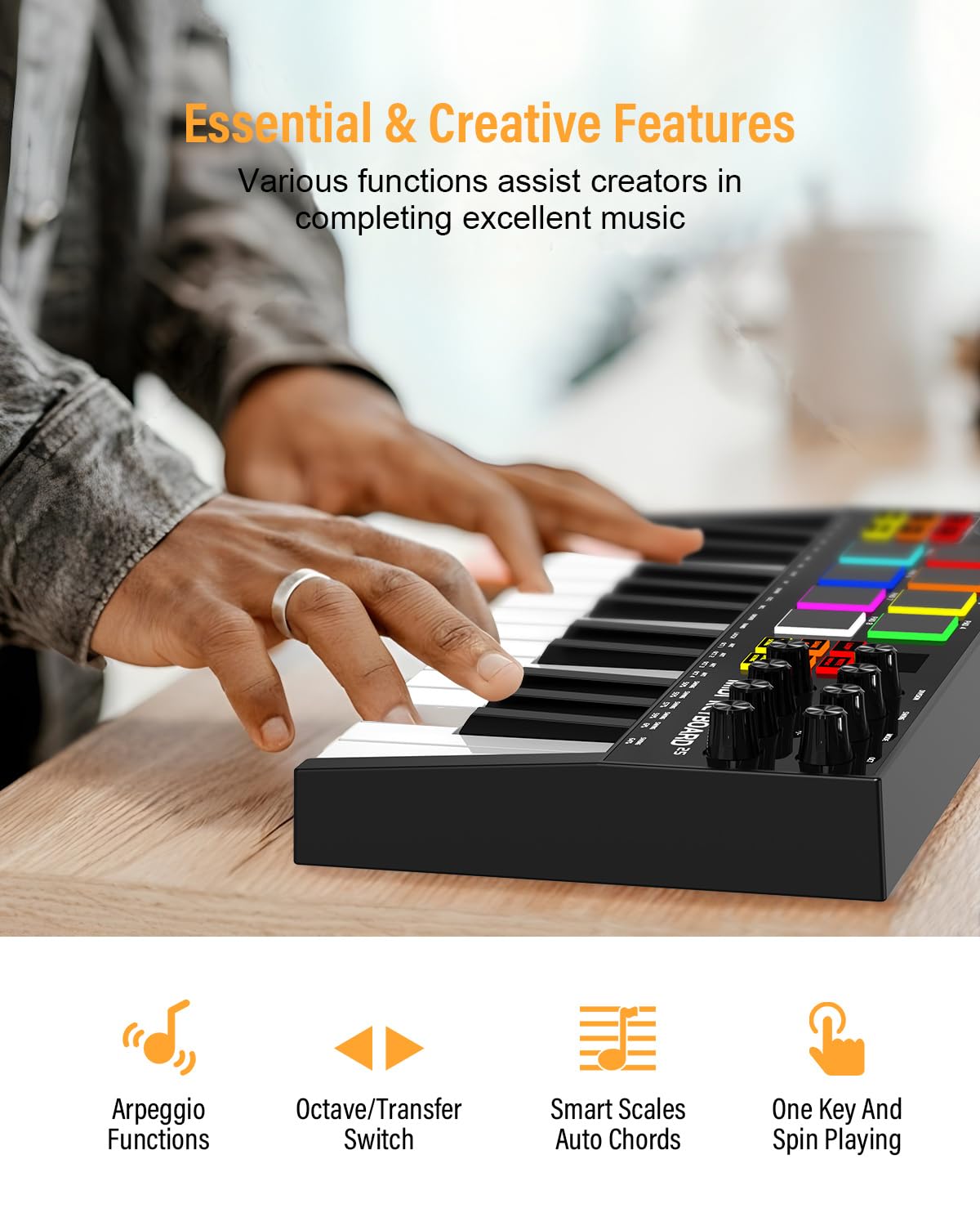 25-Key Rechargeable MIDI Keyboard Controller with 8 Backlit Drum Pads & 8 Knobs - OLED Display, DAW Integration for Music Production - Perfect for Home Studios, Live Performances & Beat Making