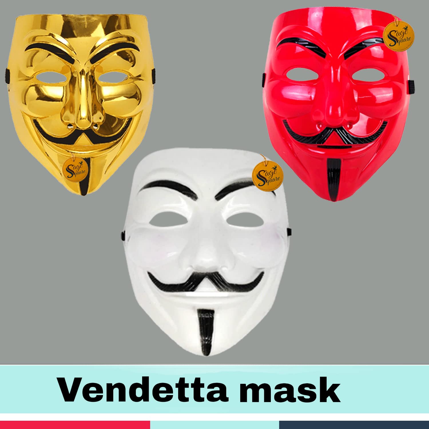 V for Vendetta Anonymous VIP Edition Face Mask Set of 3 - Sage Square White, Red & Golden Fawkes Mask for Cosplay, Halloween, Protests & Political Events - Perfect Fit Breathable Costume Accessory