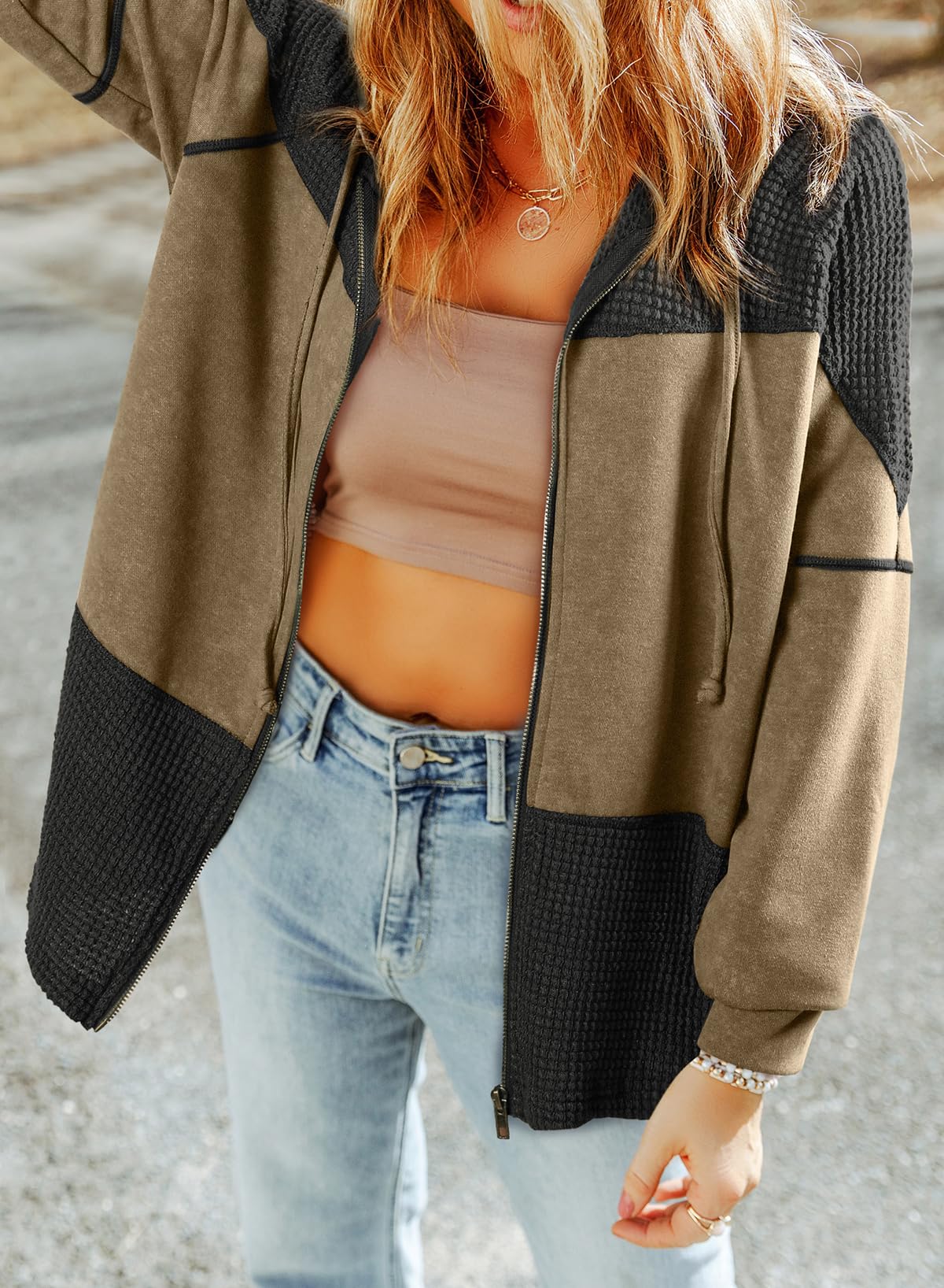Dokotoo Women's Waffle Knit Zip Up Hoodie - Oversized Casual Jacket with Drawstring for Fall 2024 | Cozy Loungewear & Streetwear Outfits
