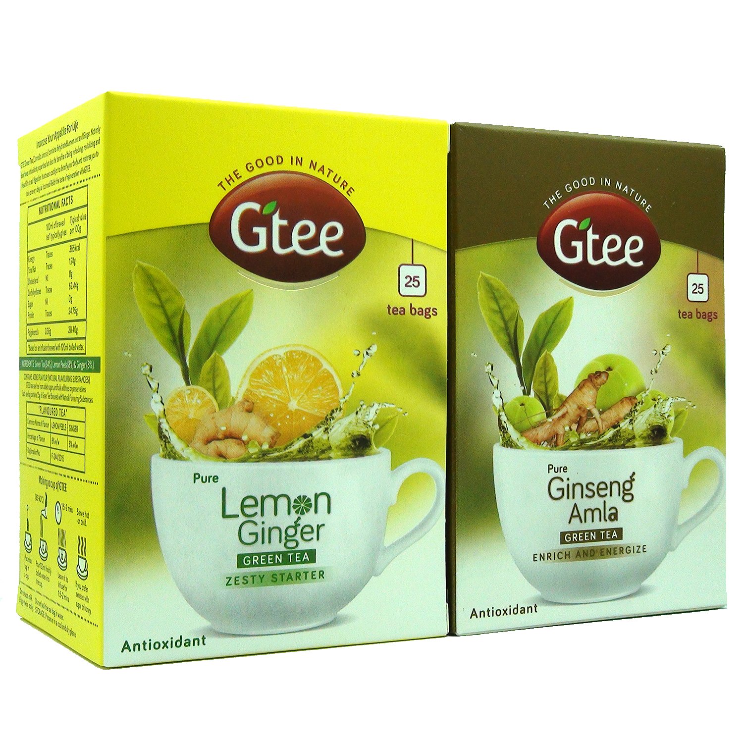 Organic GTEE Green Tea Bags with Lemon, Ginger & Ginseng - 50 Count (2 Packs of 25) - Herbal Detox Tea for Weight Loss, Digestion & Immunity Boost - Perfect for Morning Energy or Evening Relaxation