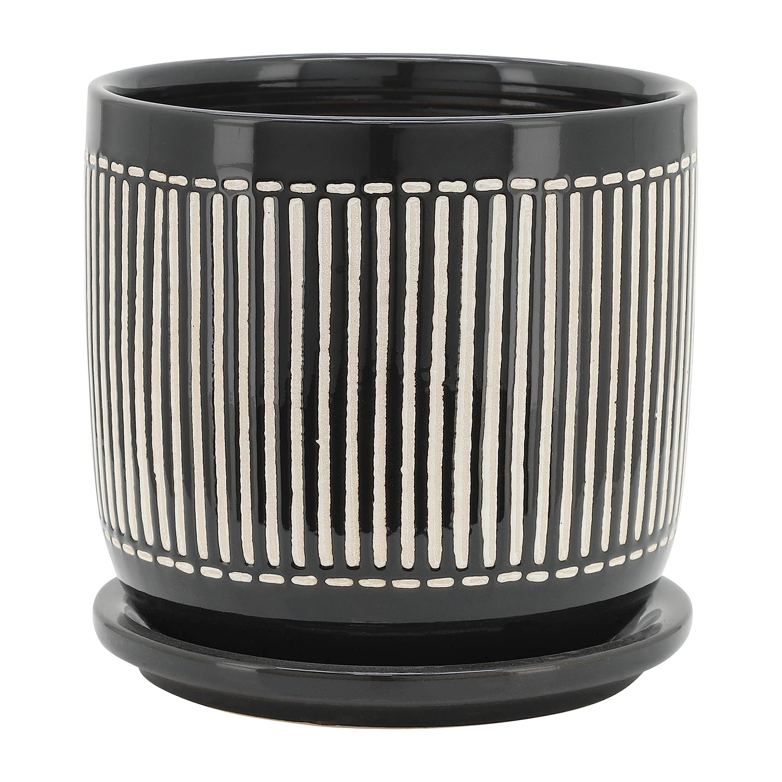 Modern Ceramic Planter Set with Saucers - Durable Stoneware Indoor Outdoor Plant Pots - Striped Design Flower Pots for Home Garden Decor - Set of 2 Black - Perfect for Living Room, Patio, and Office Decor