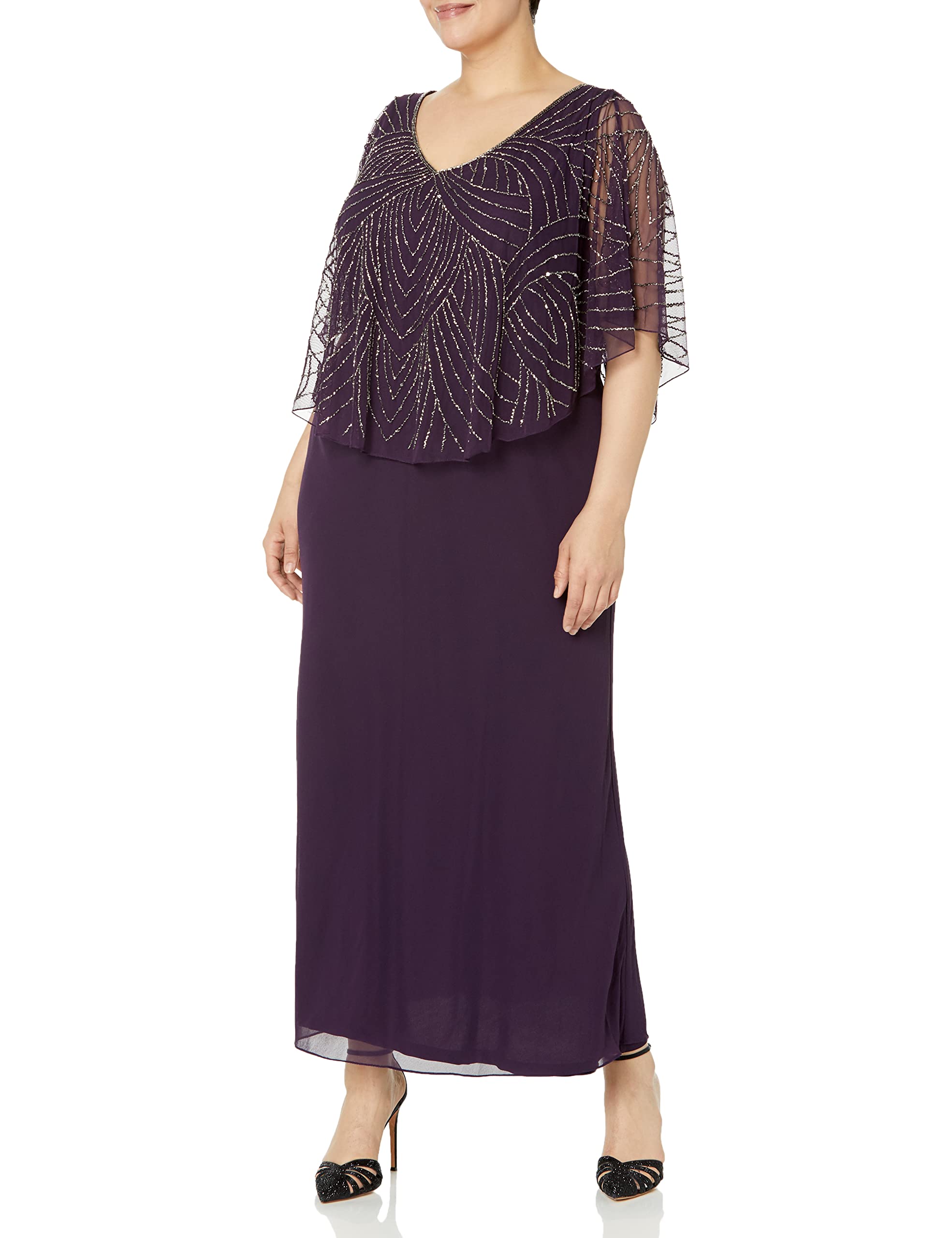 J Kara Women's Plus Size Beaded Capelet Long Sleeve Maxi Dress for Evening Party, Wedding Guest & Special Occasions