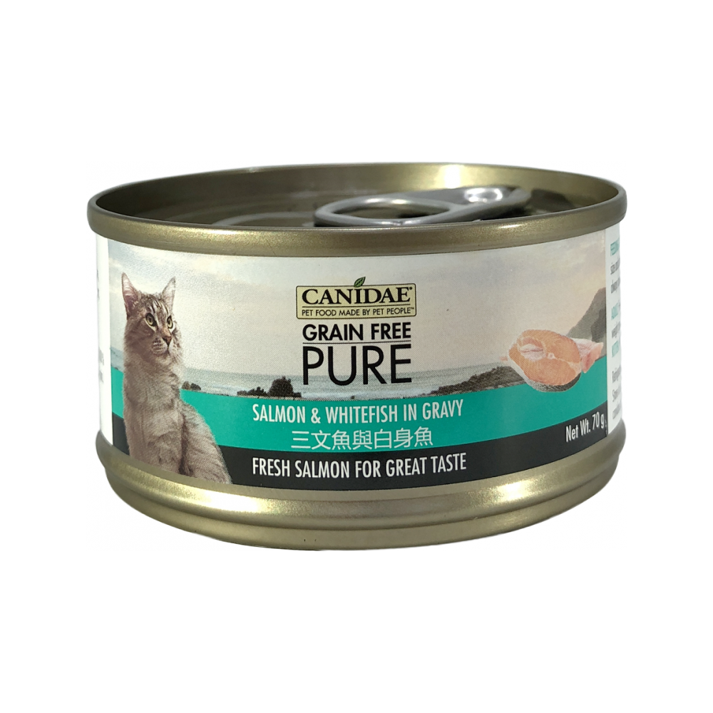 Grain-Free Cat Food Wet Canned Salmon & Whitefish in Gravy - High Protein Natural Recipe for Adult Cats - Perfect for Indoor Cats & Sensitive Stomachs