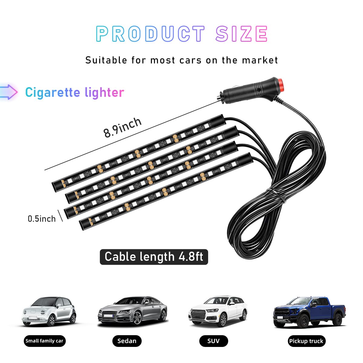 RGB LED Car Interior Strip Lights - 48 LED Auto Atmosphere Lighting Kit with Cigarette Lighter Power, Under Dash Ambient Night Light for Cars, Trucks & SUVs (Green) - Perfect for Interior Decoration, Mood Lighting & Night Driving