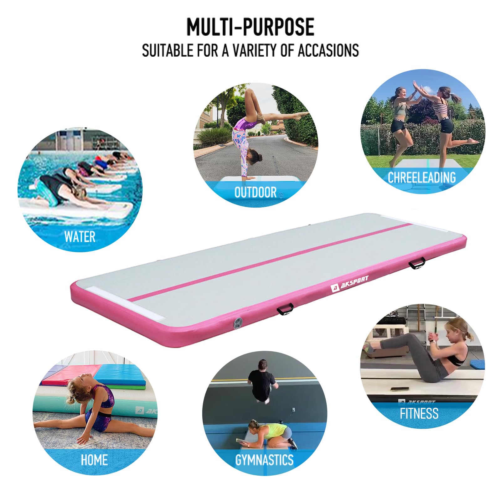AKSPORT Inflatable Gymnastics Air Mat - Portable Tumbling Track for Home Gym, Cheerleading, Parkour & Training - Includes Air Pump - Perfect for Indoor/Outdoor Use at Beach, Park & Water Activities