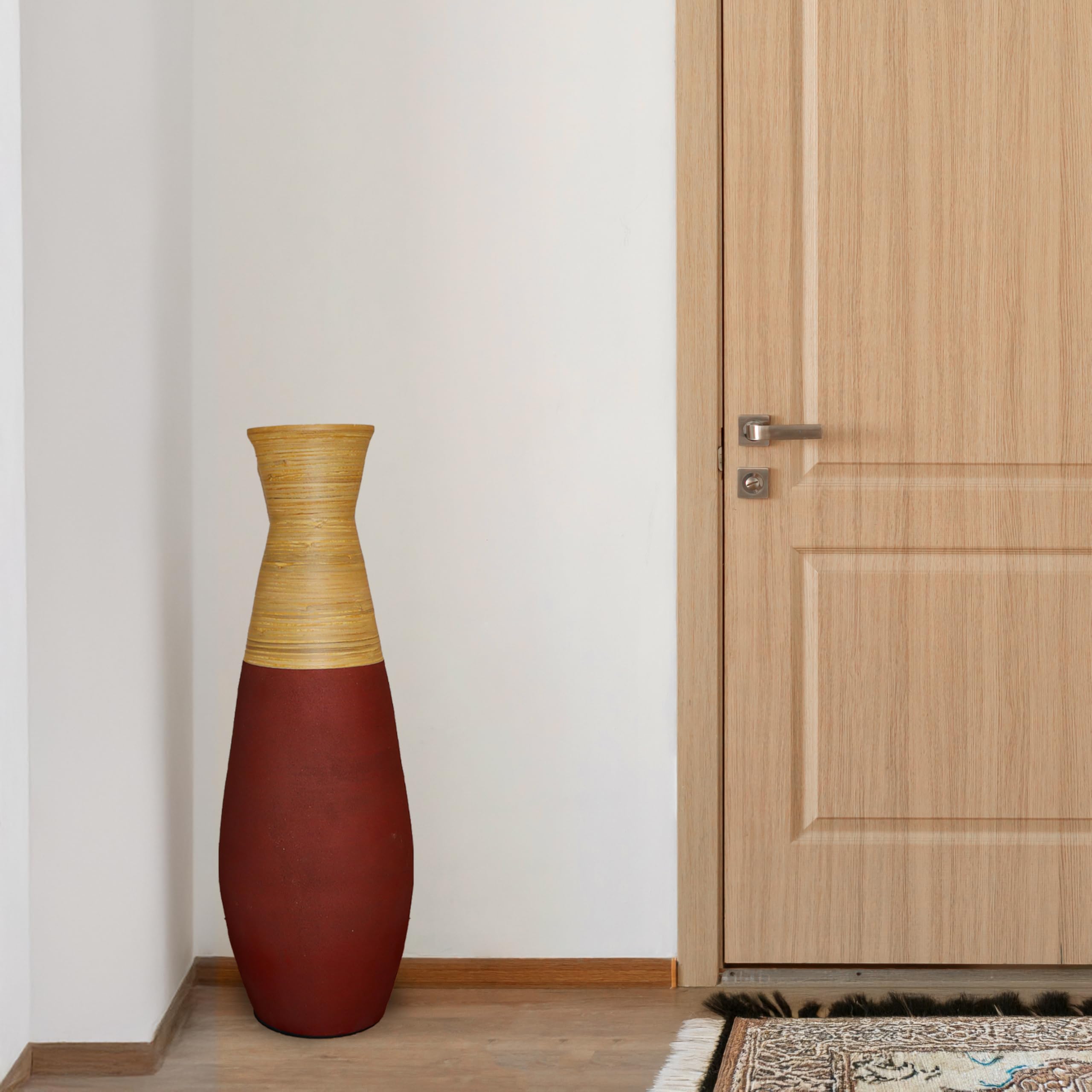 Handcrafted 31.5 Inch Tall Bamboo Floor Vase - Burgundy & Natural Finish - Sustainable Large Decorative Vase for Living Room, Dining Room, Entryway - Perfect for Home Decor, Wedding Centerpieces & Boho Style Interiors