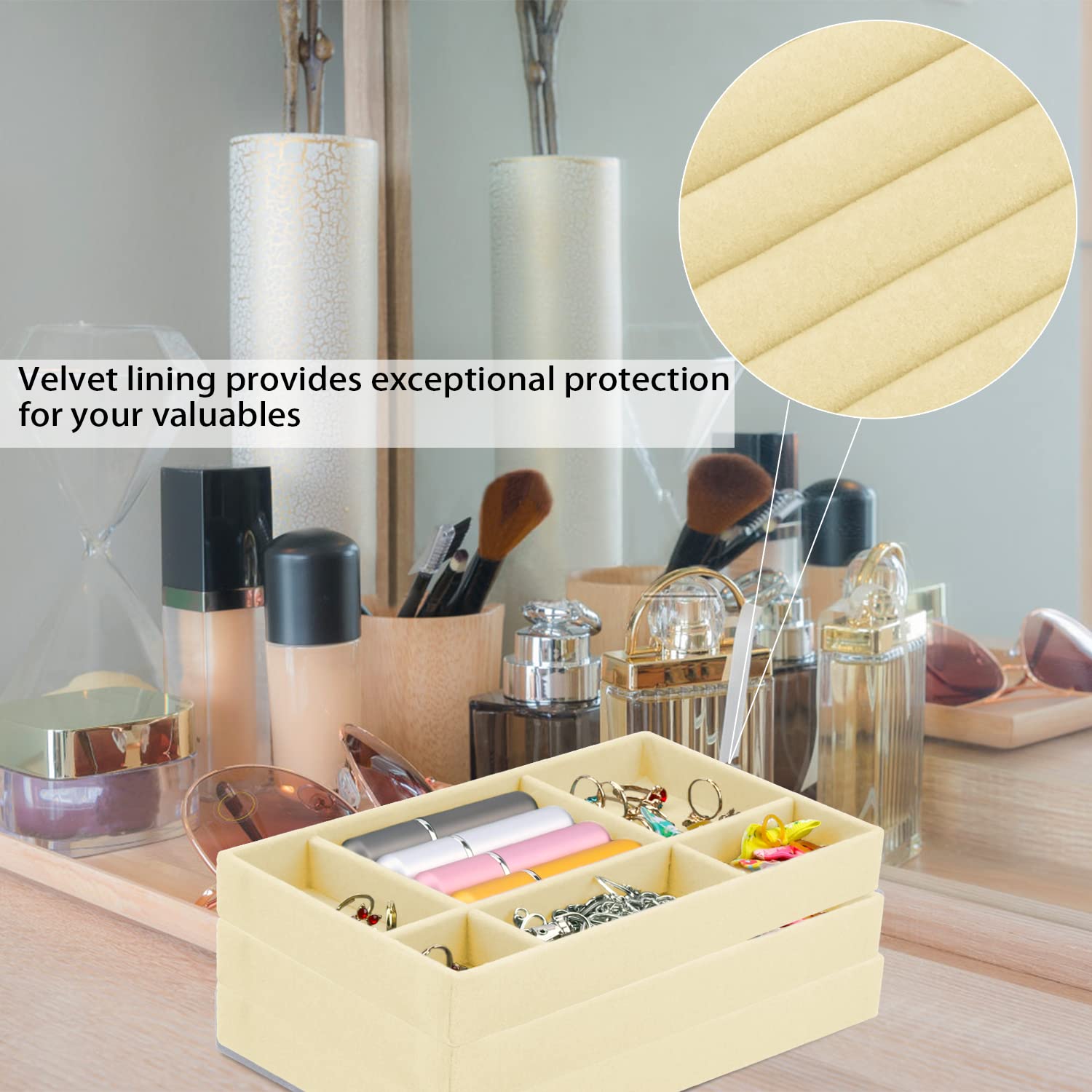 4-Pack Velvet Jewelry Organizer Trays for Drawers - Stackable Jewelry Storage Display for Earrings, Necklaces, Bracelets & Rings - Perfect for Bedroom, Closet & Travel Jewelry Organization