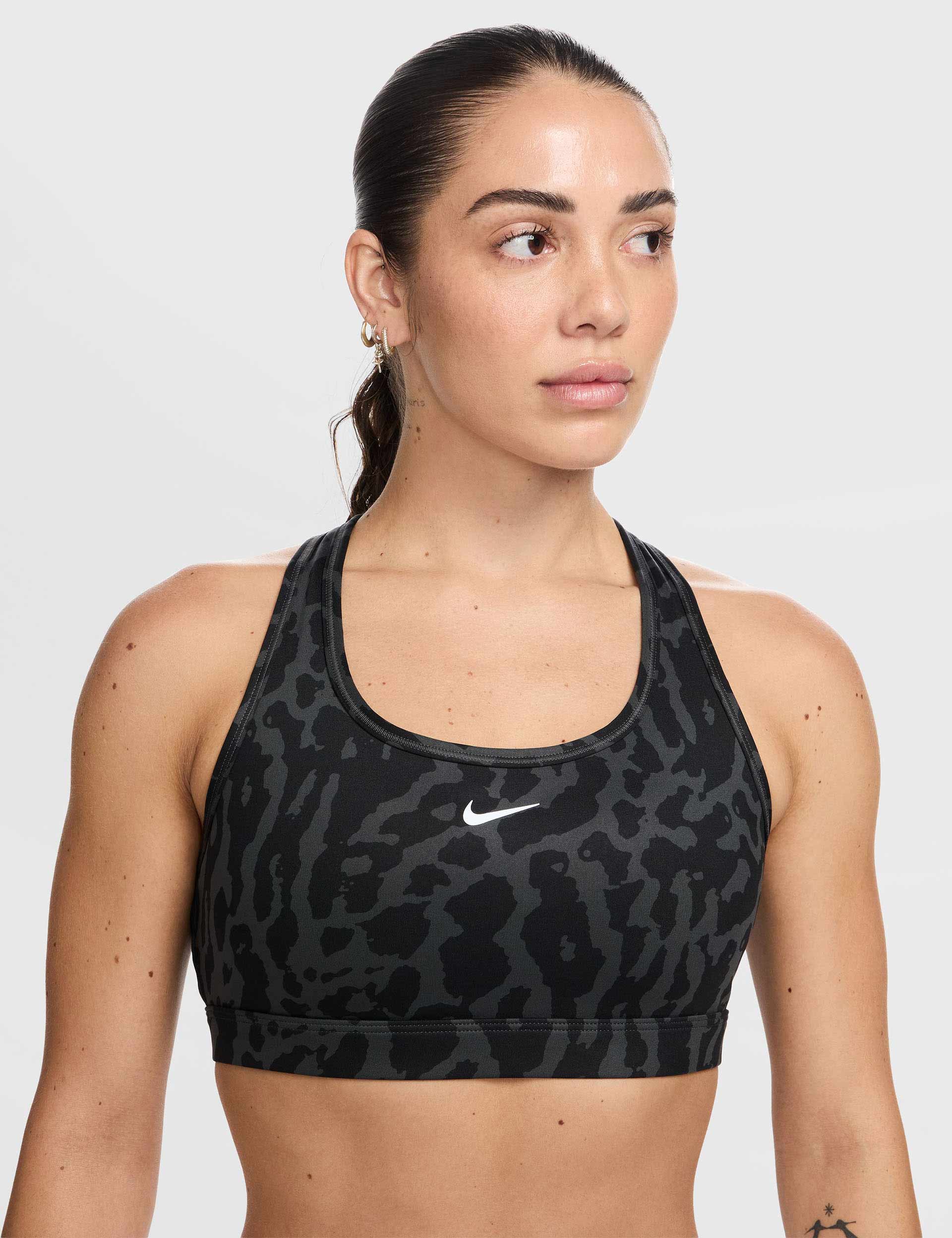 High Support Printed Sports Bra for Women - Medium Impact Workout, Running, Yoga - Black/Reflective Silver | Moisture-Wicking & Breathable Activewear