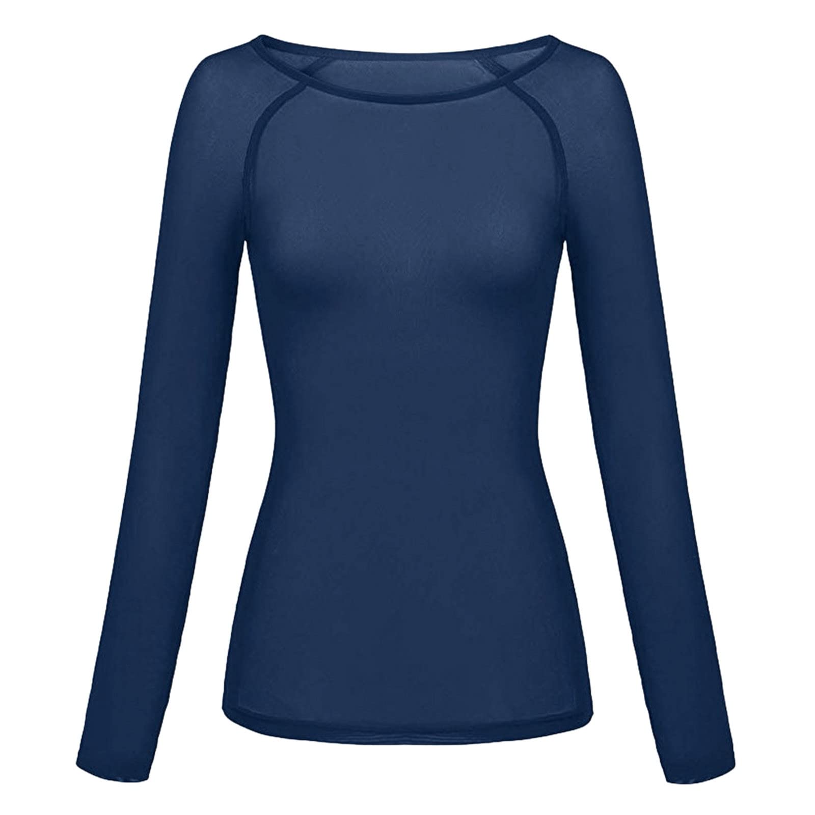 Women's Casual See-Through Long Sleeve Mesh Blouse - Solid Color Seamless Arm Shaper Top for Layering, Office Wear & Evening Outfits