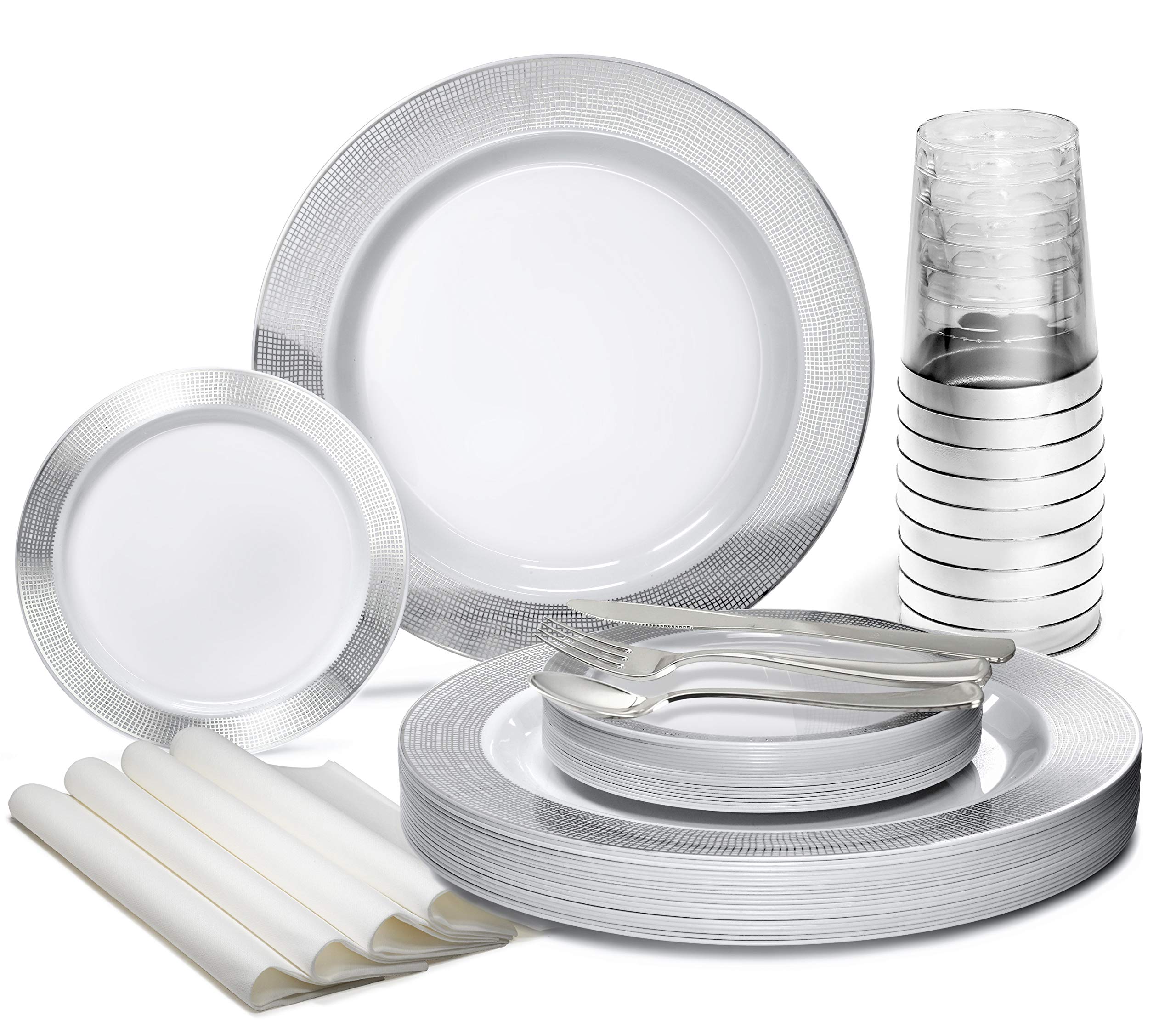 560-Piece Heavyweight Disposable Plastic Plate Set for Weddings & Parties - 80 x 10.5'' Dinner Plates, 80 x 6.25'' Dessert Plates, Silverware, Cups & Linen Napkins (White & Silver) - Perfect for 80 Guests - Ideal for Wedding Receptions, Bridal Showers & Large Events