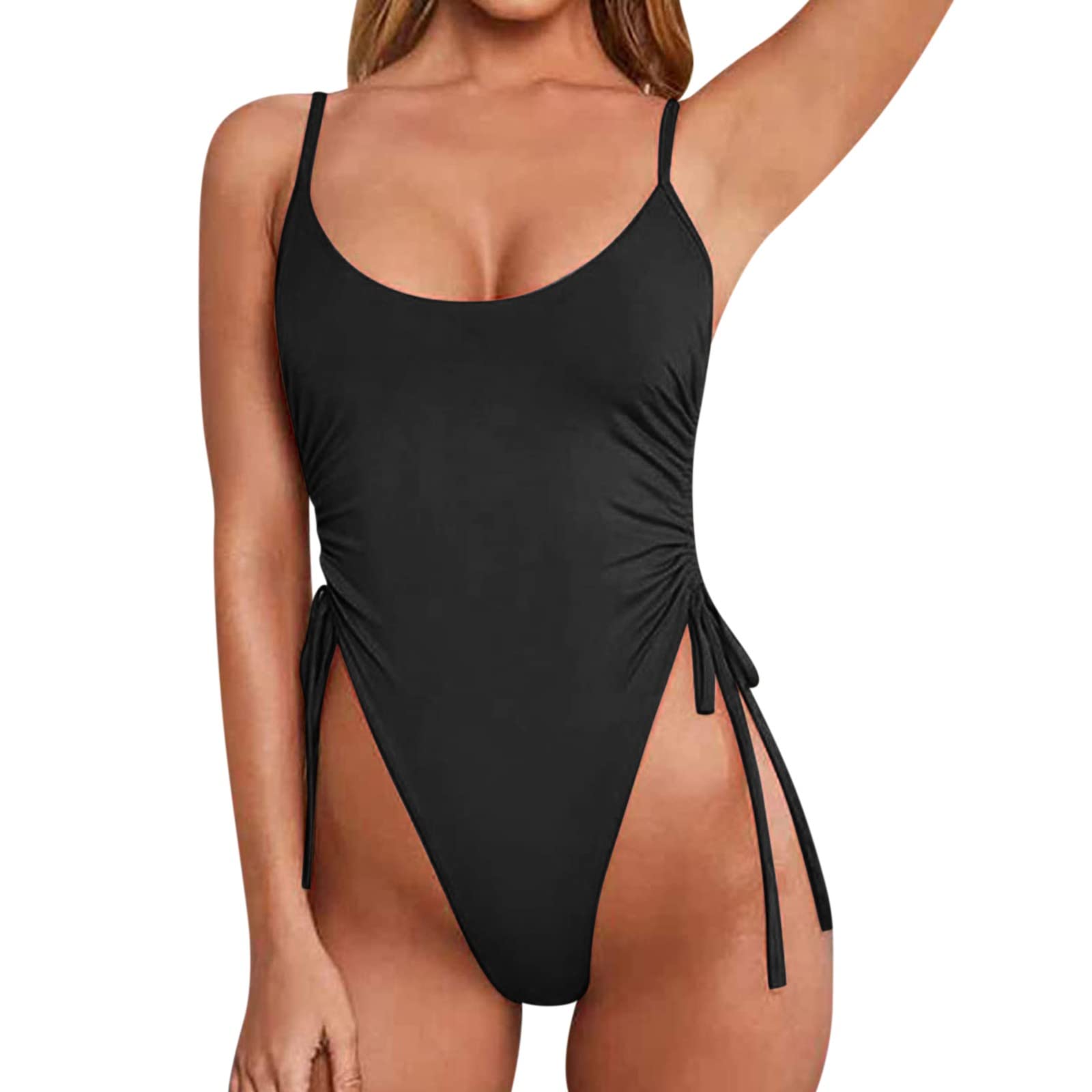 High Leg Cut One-Piece Swimwear for Women - Adjustable Drawstring Black Bathing Suit | Perfect for Beach Vacations, Pool Parties & Summer Getaways