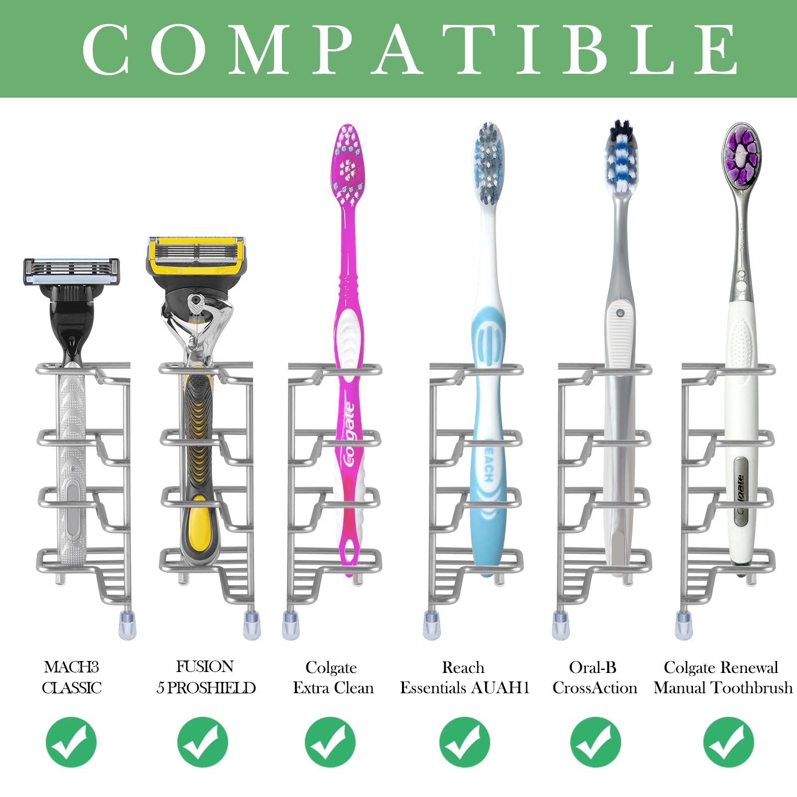 Stainless Steel Wall Mount Toothbrush Holder for Shower - 3 Slot Self Adhesive Bathroom Organizer - Compatible with Colgate Extra Clean & Oral-B CrossAction - Perfect for Small Bathrooms, RVs and Dorm Showers