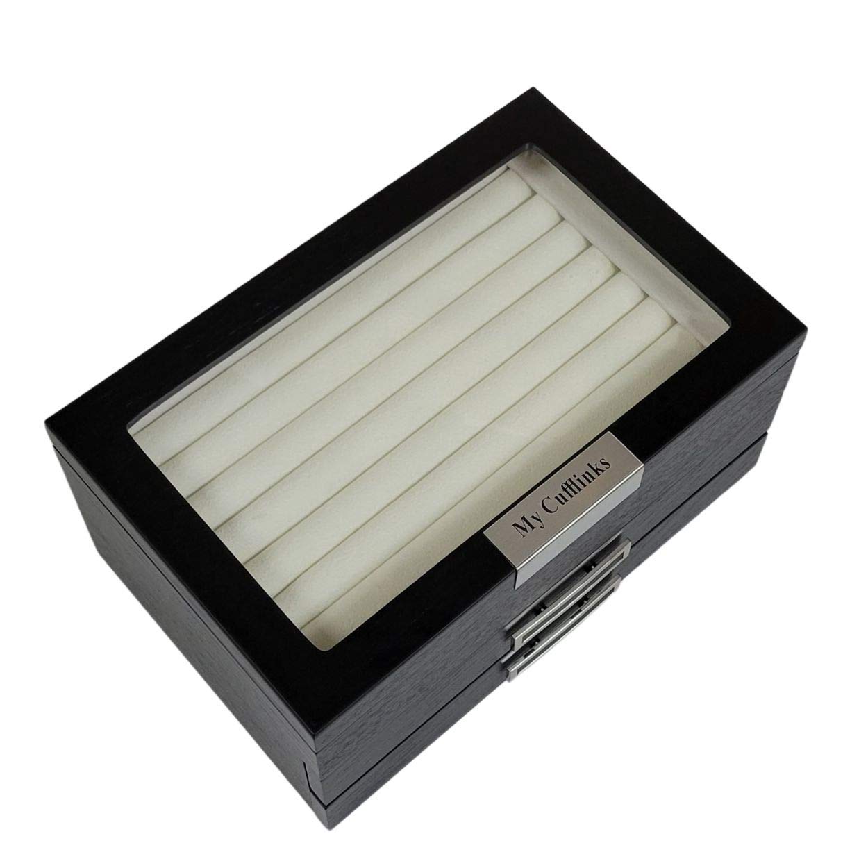 Personalized Black Ebony Wood Cufflink Case & Ring Storage Organizer - Stainless Steel Engravable Jewelry Box for Men - Holds 108 Cufflinks - Perfect Gift for Weddings, Anniversaries & Formal Events