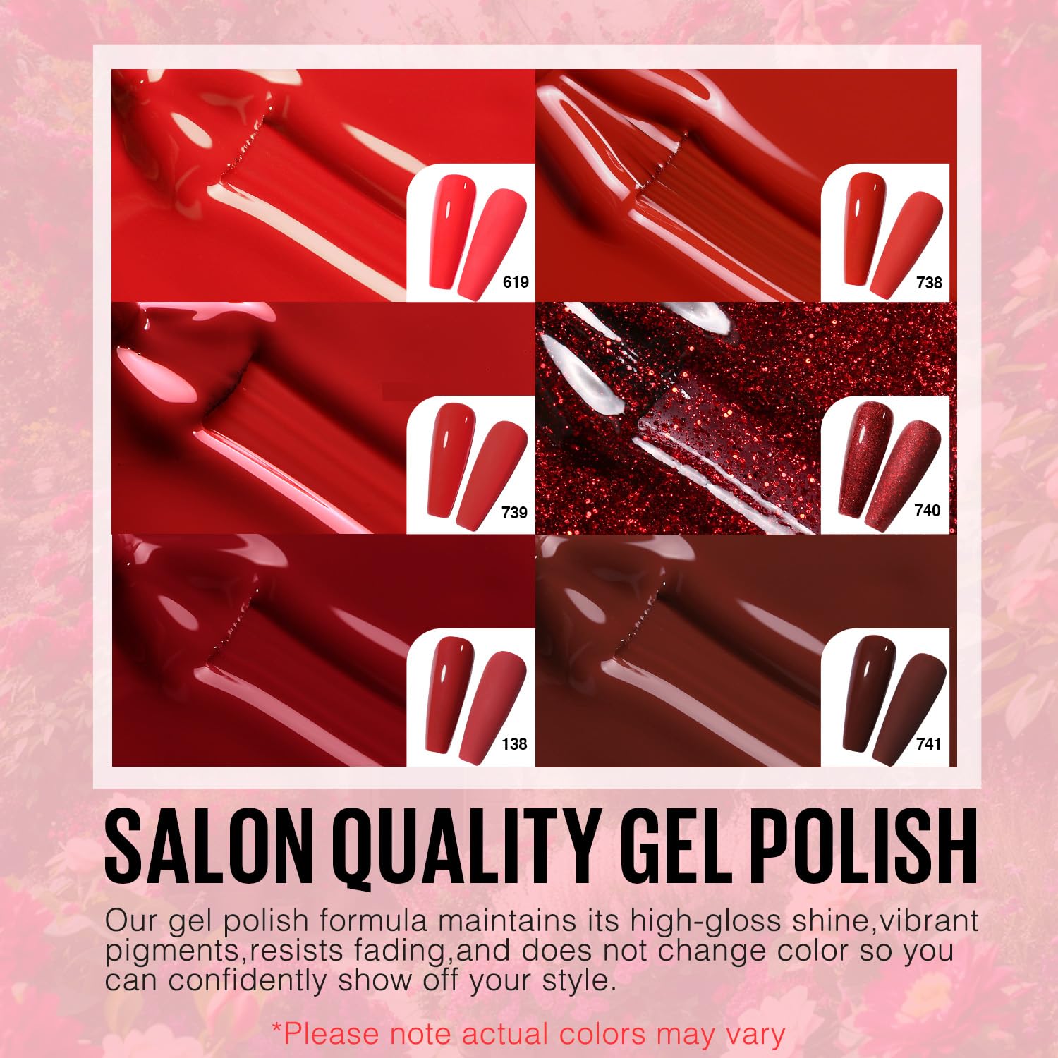 **MEFA 6 Colors Red Gel Nail Polish Set - Burgundy, Glitter, Rose & Dark Red Shimmer Soak Off Gel Kit | DIY Home Salon Manicure Gifts for Women & Girls | Perfect for Parties, Holidays & Special Occasions**
