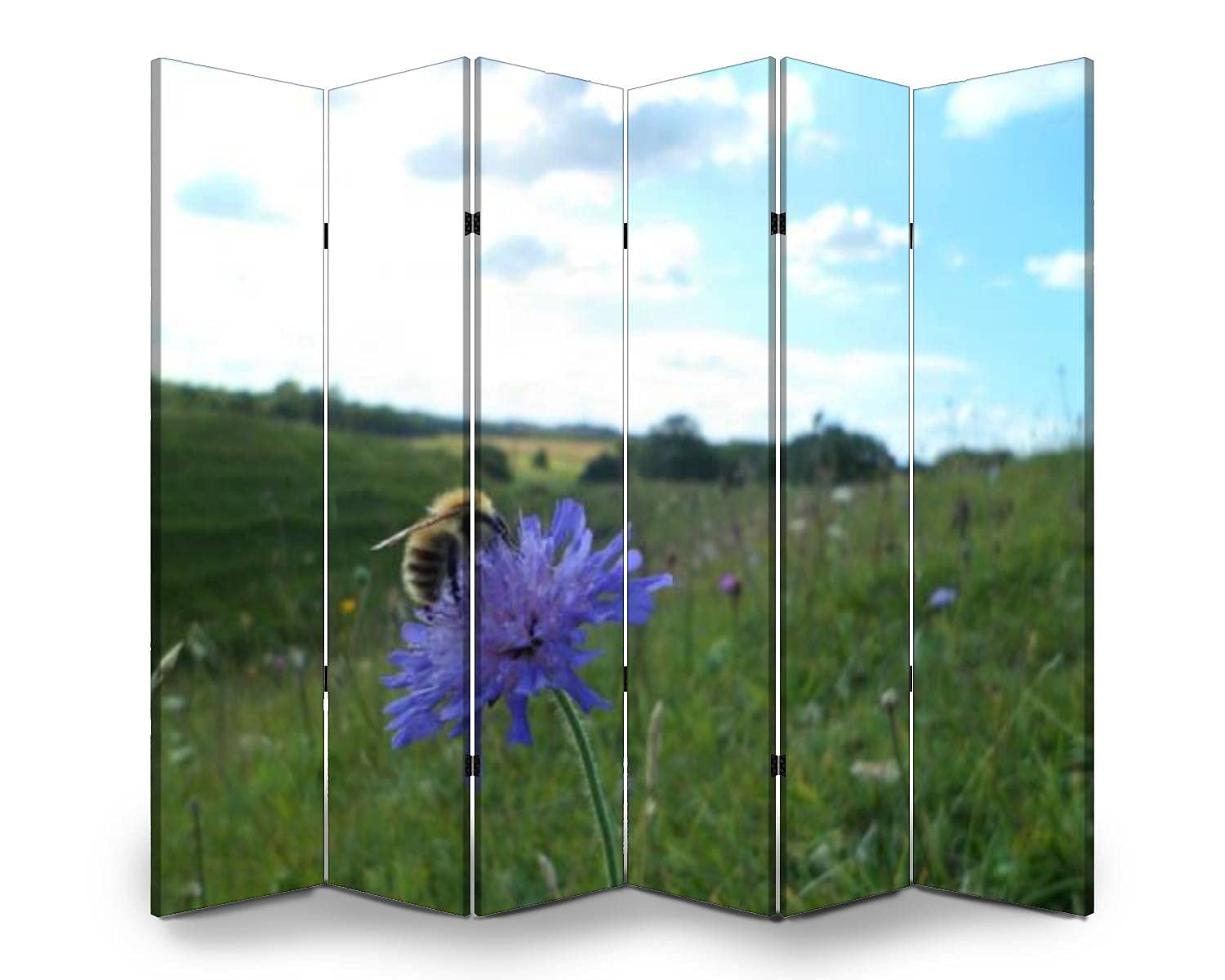 6-Panel Folding Room Divider Screen - Freestanding Privacy Partition for Indoor/Outdoor Use - Carder Bee & Wildflower Design - Perfect for Home Office, Nursery, or Event Space Separation