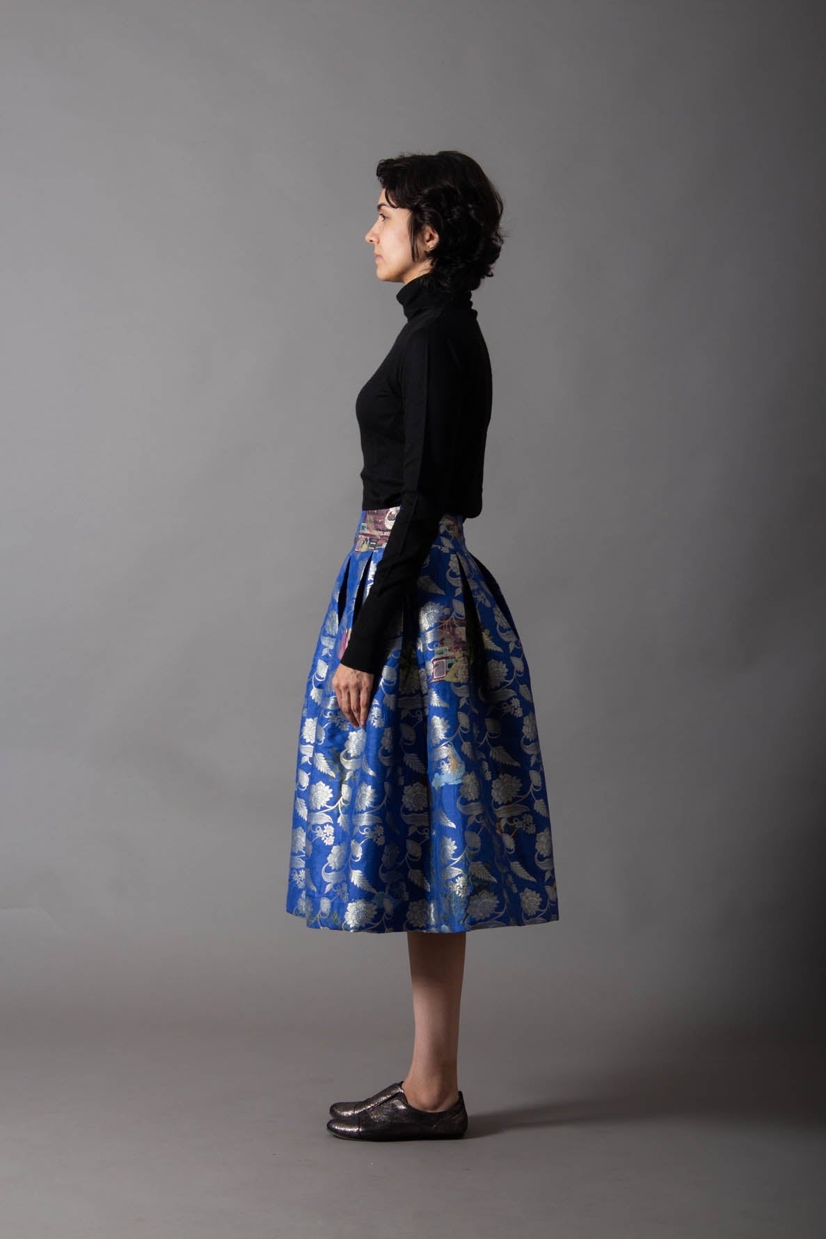 Elegant Cobalt Blue Box Pleated Midi Skirt - Silk Brocade Fabric for Women | Perfect for Office Wear, Cocktail Parties & Special Occasions