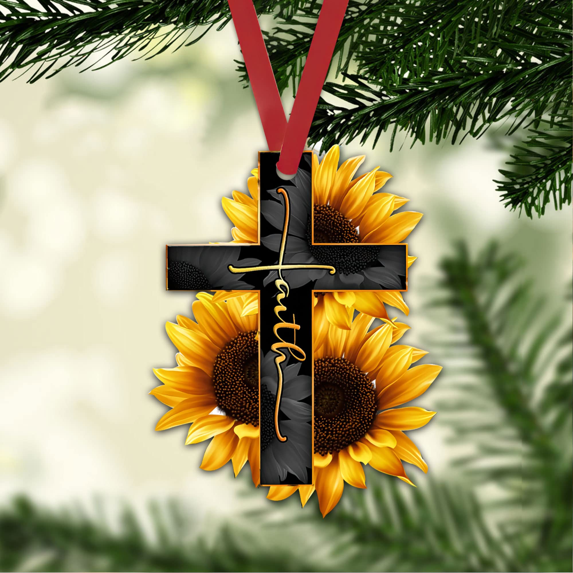 Faith-Inspired Sunflower Cross Car Rearview Mirror Charm - Christian 2D Flat Pendant Decor for Vehicles, Christmas Tree Ornament & Gift - Perfect for Daily Commute, Church Visits, and Holiday Decorations