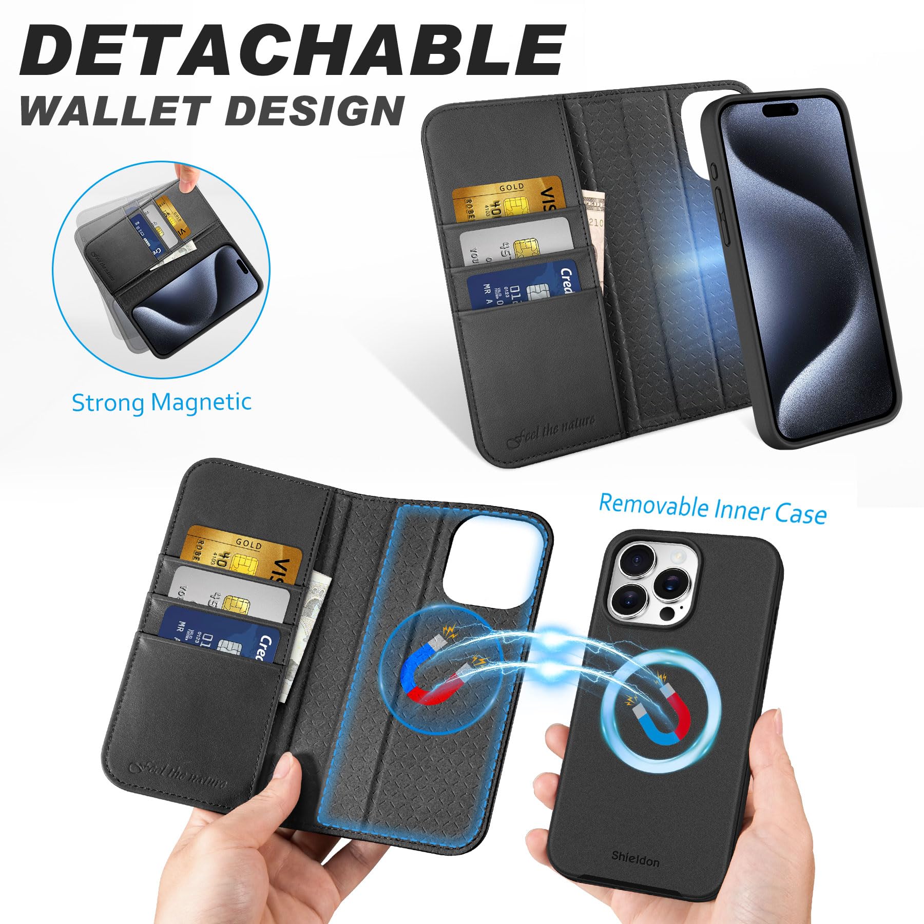 Premium SHIELDON Genuine Leather iPhone 15 Pro Max Case - 2-in-1 Detachable Wallet with Wireless Charging, Kickstand & RFID Blocking Card Holder | Magnetic Protective Cover for iPhone 15 ProMax (Black) | Perfect for Business Travel & Everyday Use