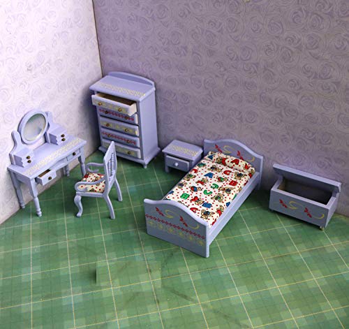 Deluxe Wooden Dollhouse Furniture - Lavender Bedroom Set (6pcs) with Romantic Purple Print & Smooth Edges | Perfect for Miniature Home Decor & Kids Pretend Play