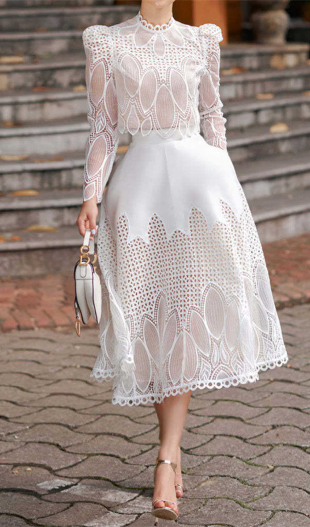 Stylish Heavy Duty Lace Stand-Up Collar Puff Sleeve High Waist Midi Dress for Women | Elegant Party, Wedding & Special Occasion Outfit