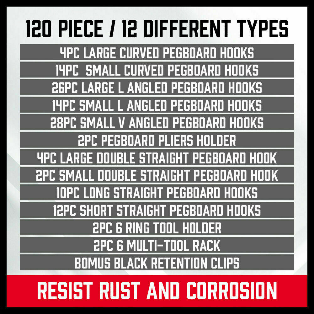 120-Piece Pegboard Hooks Set - Heavy Duty Slat Wall Hanger for Garage, Workshop & Retail Display - Durable Metal Hooks for Tools, Accessories & Home Organization - Perfect for DIY Projects & Space Saving Storage