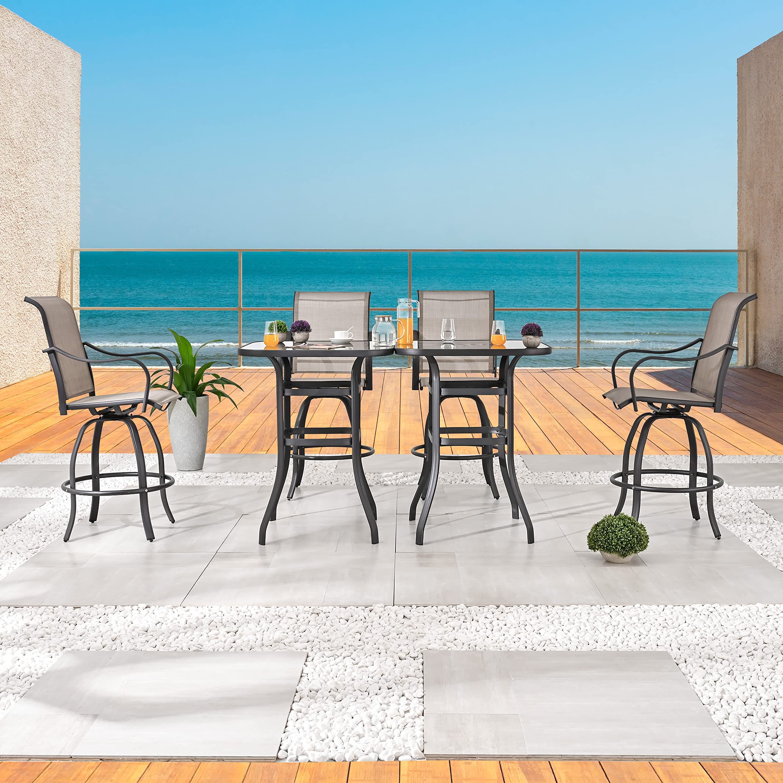 LOKATSE HOME 6-Piece Outdoor Patio Dining Set with Swivel Chairs & Tempered Glass Table - Grey Modern Bistro Furniture for Poolside, Cafe, Porch, Bar, Garden & Backyard Relaxation