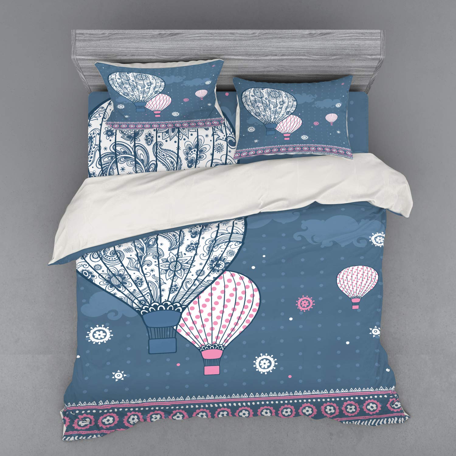 Ambesonne Retro Bedding Set - Air Balloons on Polka Dots & Paisley Print Duvet Cover with Shams & Fitted Sheet, King Size Slate Blue & Pale Pink | Vintage Home Decor for Guest Room, Master Bedroom & Airbnb