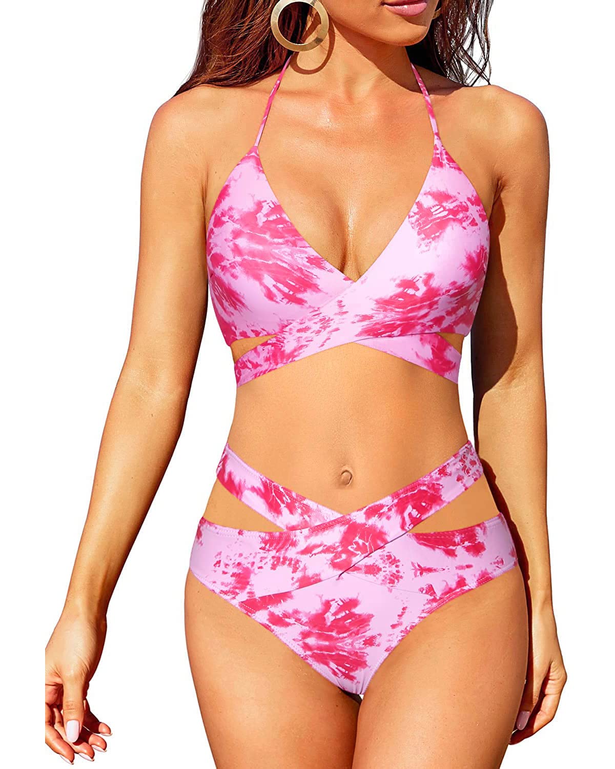 Women's High Waisted Push Up Bikini Set - Halter Wrap Swimsuit for Beach & Pool