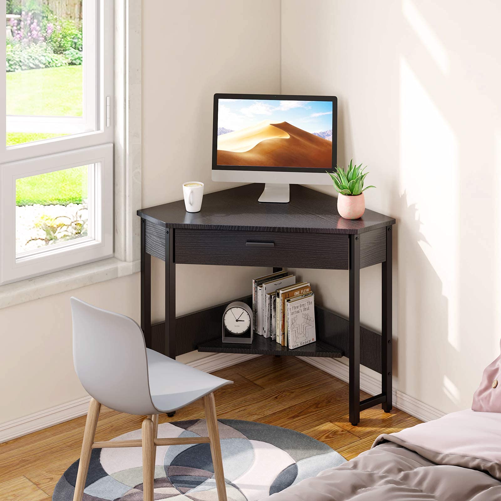 ODK Corner Desk - Triangle Computer Desk with Large Drawer & Storage Shelves, Small Space Writing Workstation for Home Office, Gaming Setup & Dorm Room