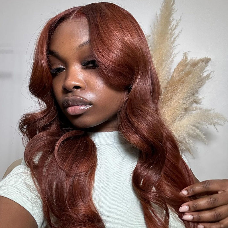 Eullair Copper Brown Glueless Body Wave Lace Frontal Wig - Dark Ginger Straight Human Hair Wig for Women | Natural Look for Autumn & Winter | Daily Wear, Parties, Cosplay