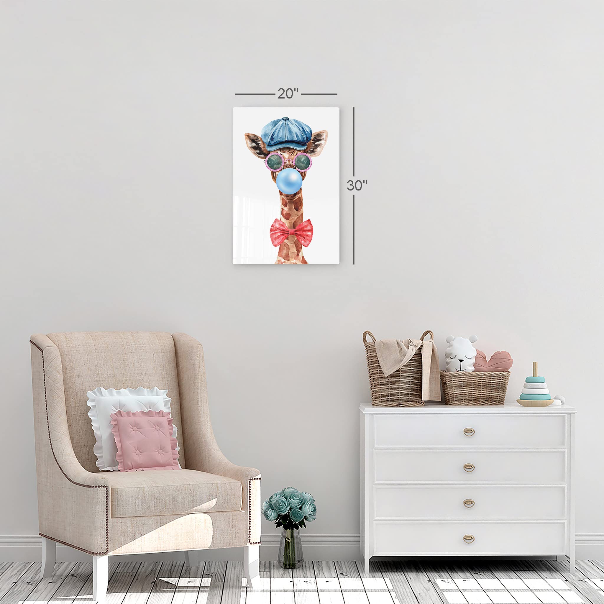 Giraffe Portrait Wall Art - Pop Art Metal Print with Hat & Pink Glasses Chewing Bubble Gum, Safari Animal Decor for Office, Living Room, Bedroom & Nursery (36x24) - Perfect for Kids' Rooms, Modern Home Decor & Unique Gift Ideas