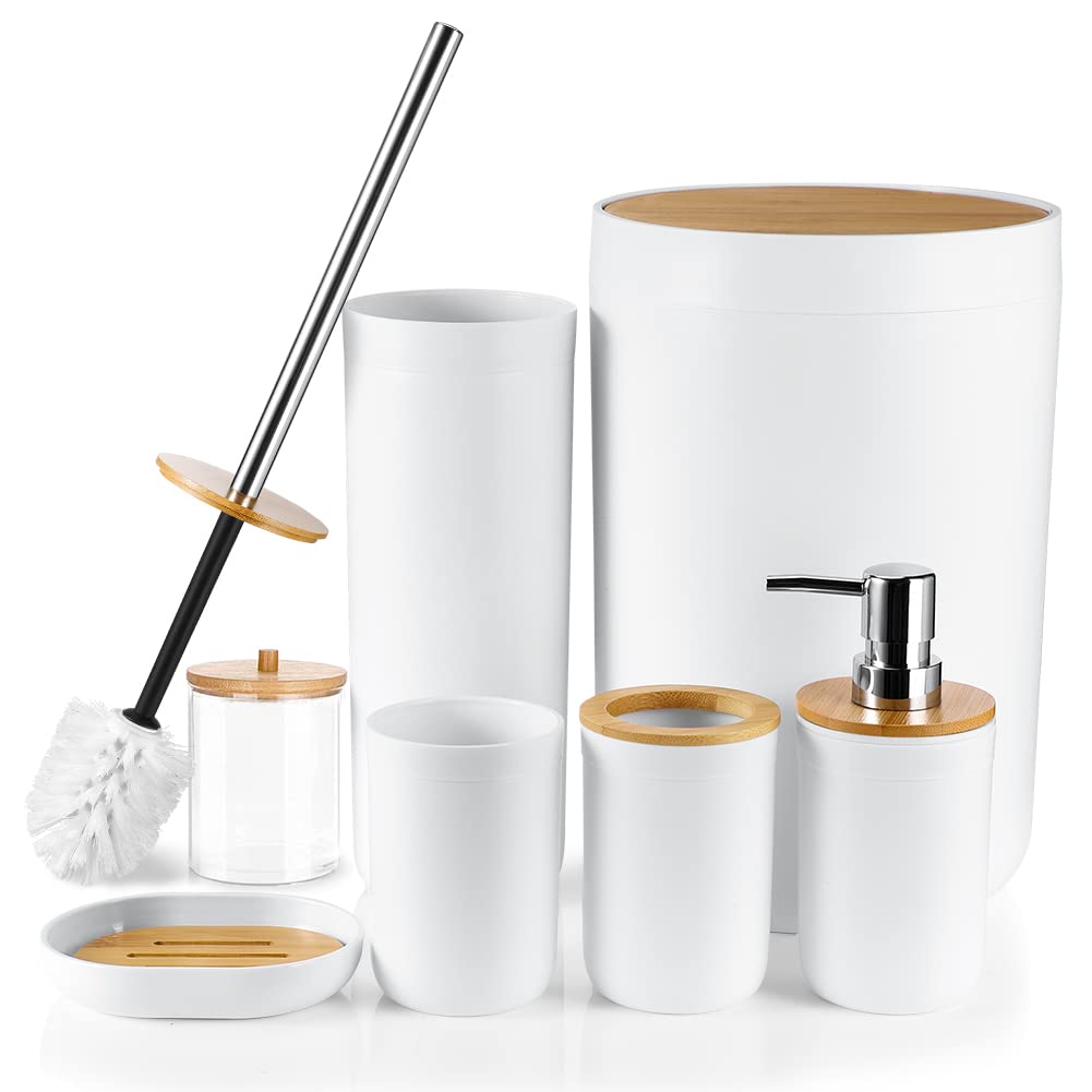Otostar 6-Piece Bamboo Bathroom Accessory Set - Plastic Toothbrush Holder, Soap Dispenser, Q-Tip Holder, Tumbler, Soap Dish & Toilet Brush Holder - Modern Bathroom Organization for Home, Apartment, Hotel (White)