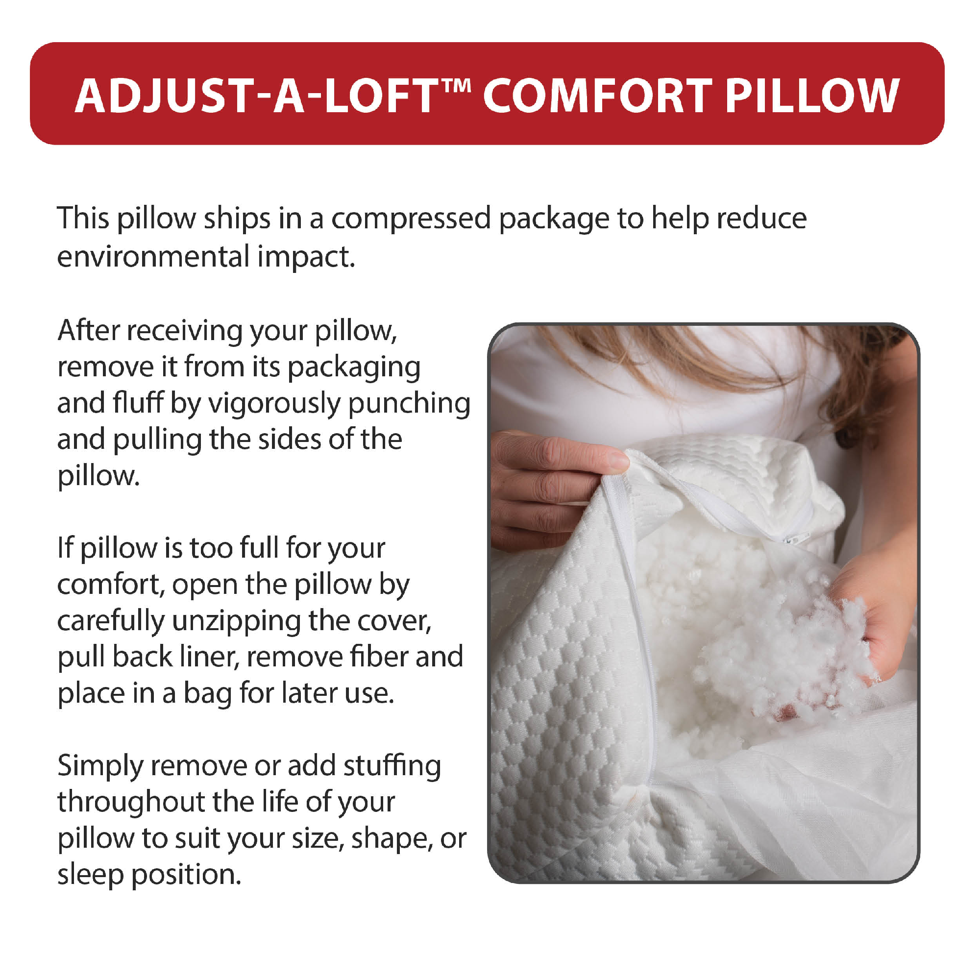 Adjust A Loft Fiber Adjustable Comfort Pillow - Standard/Full Size for Side, Back & Stomach Sleepers - Hypoallergenic & Breathable Bed Pillow for Neck Support & Pain Relief