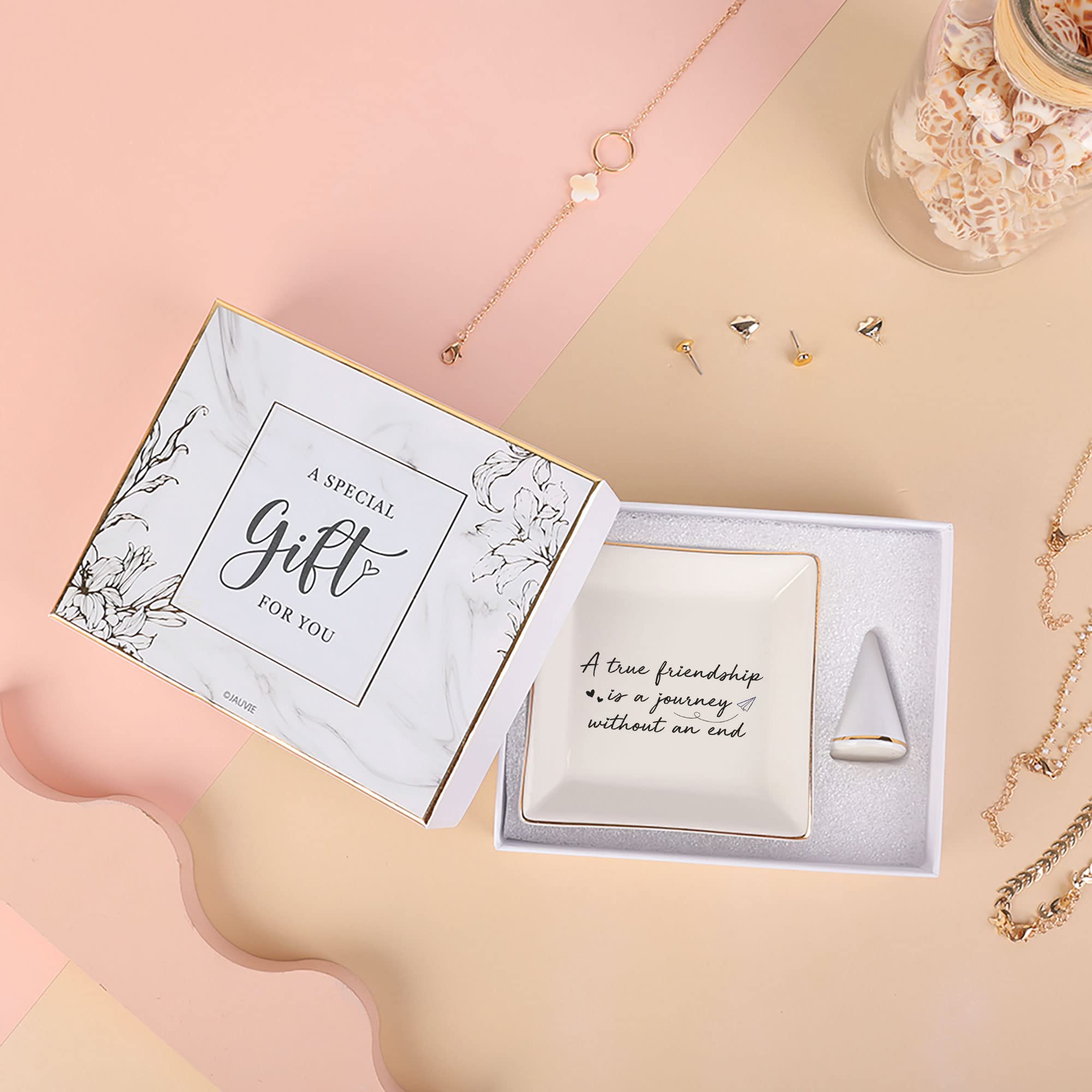 True Friendship Ceramic Trinket Tray - Jewelry Dish & Ring Holder for Women | Thoughtful Birthday & Long Distance Friendship Gift for Her | Perfect for Home Decor, Vanity Organizer & Gift Giving