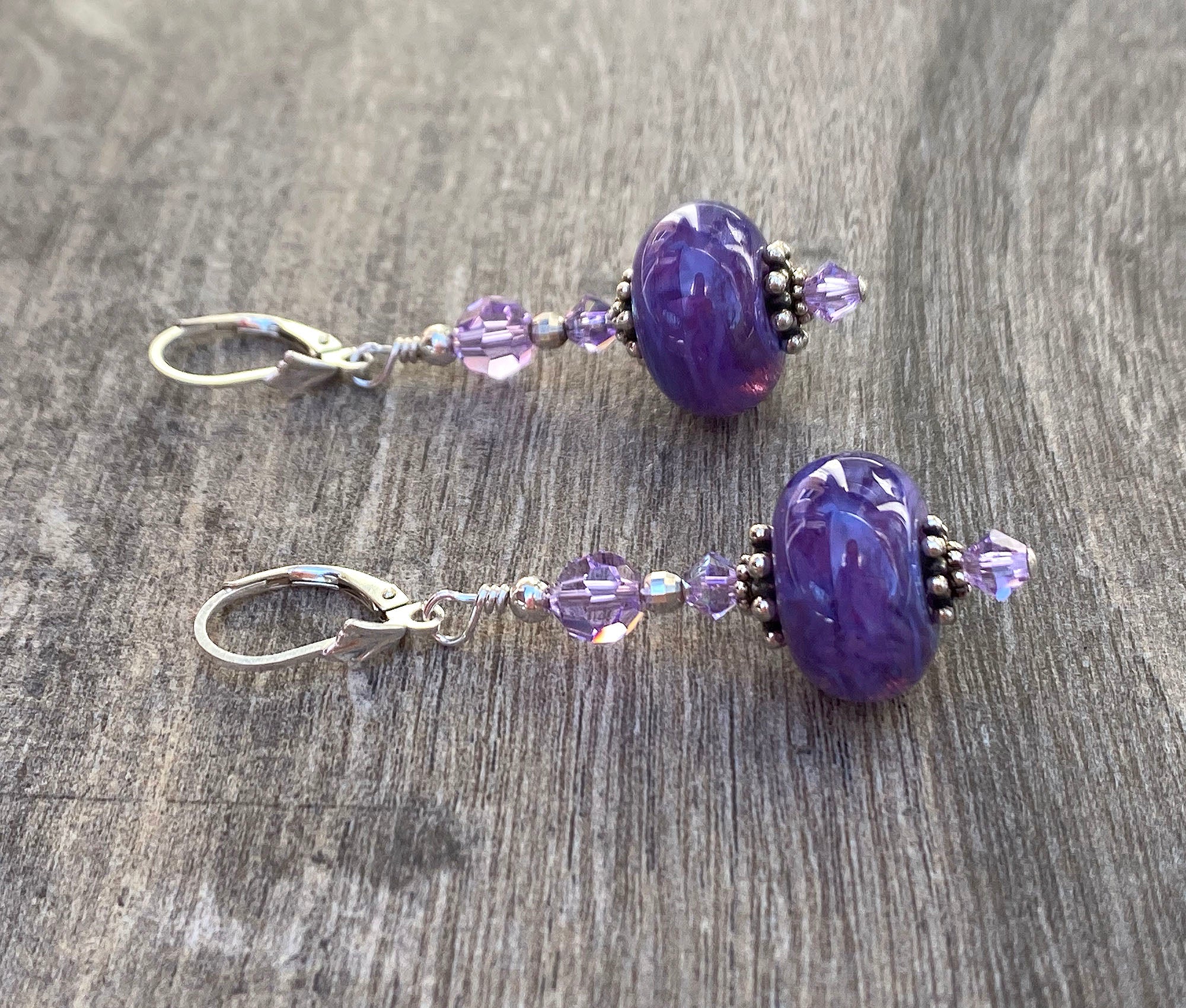 Handmade Purple Violet Lampwork Glass Bead Earrings for Women - Boho Chic Dangle Earrings for Party, Wedding & Everyday Wear