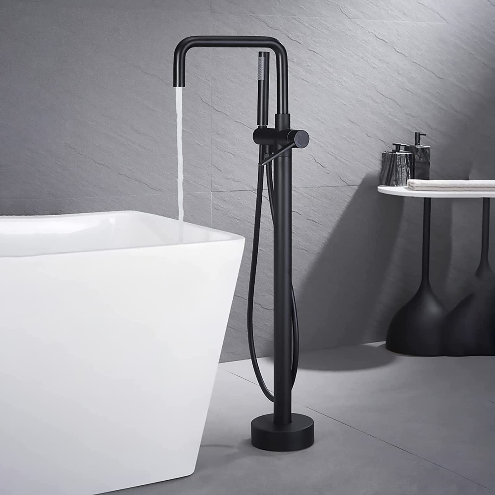 360° Swivel Freestanding Floor Mounted Tub Filler - High Arc Brass Bathtub Faucet with Handheld Shower | Single Handle Hot & Cold Water Mixer Tap in Chrome Finish | Perfect for Modern Bathrooms & Spa-Like Showers