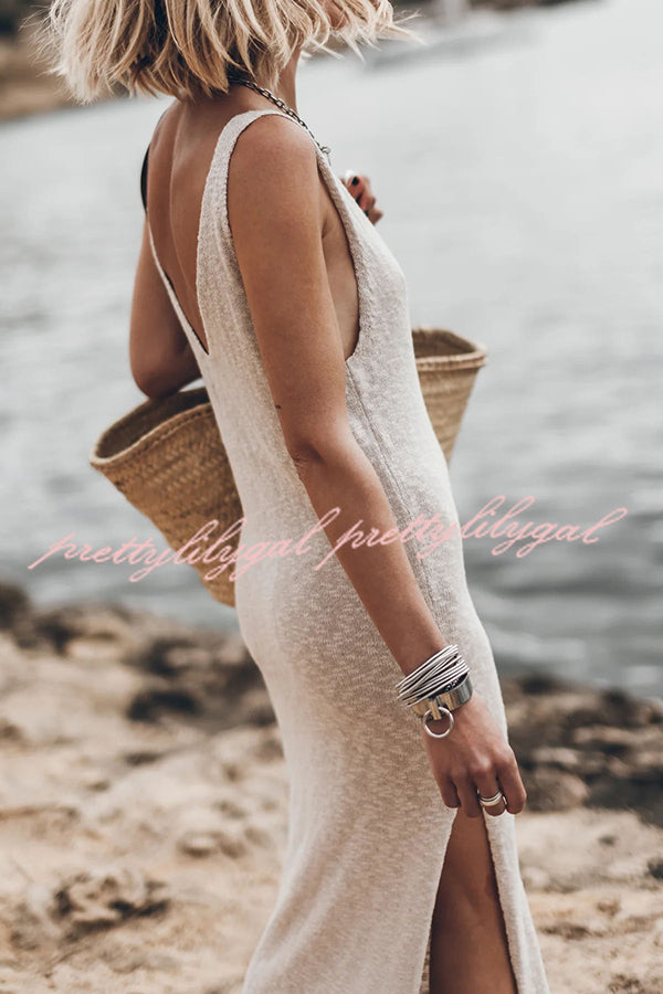 Vacation Breeze Knit Slit Loose Tank Midi Dress - Summer Beach Dress for Women, Casual Sleeveless Flowy Dress for Travel, Vacation, and Outdoor Activities
