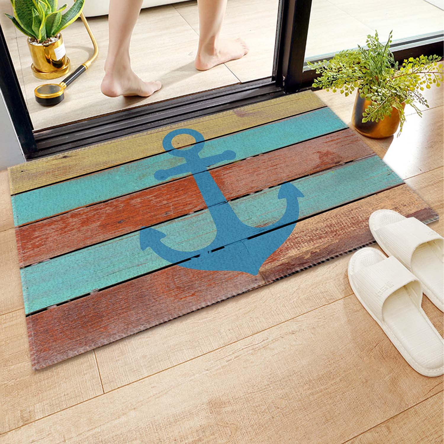 Non-Slip Bathroom Rug - Soft Absorbent Microfiber Bath Mat with Anchor Wood Design, Machine Washable 18x30 Inch - Perfect for Bathroom, Shower & Vanity Areas