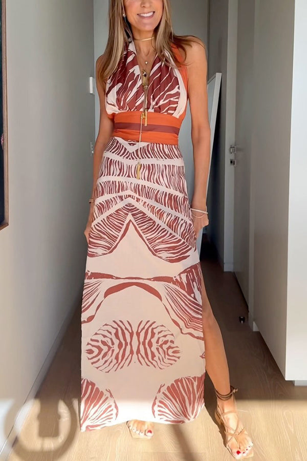 Vacay Bound Linen Blend Unique Botanical Print Halter Maxi Dress - Women's Summer Beach Dress for Vacation, Boho Chic Outfit, Tropical Holiday Wear